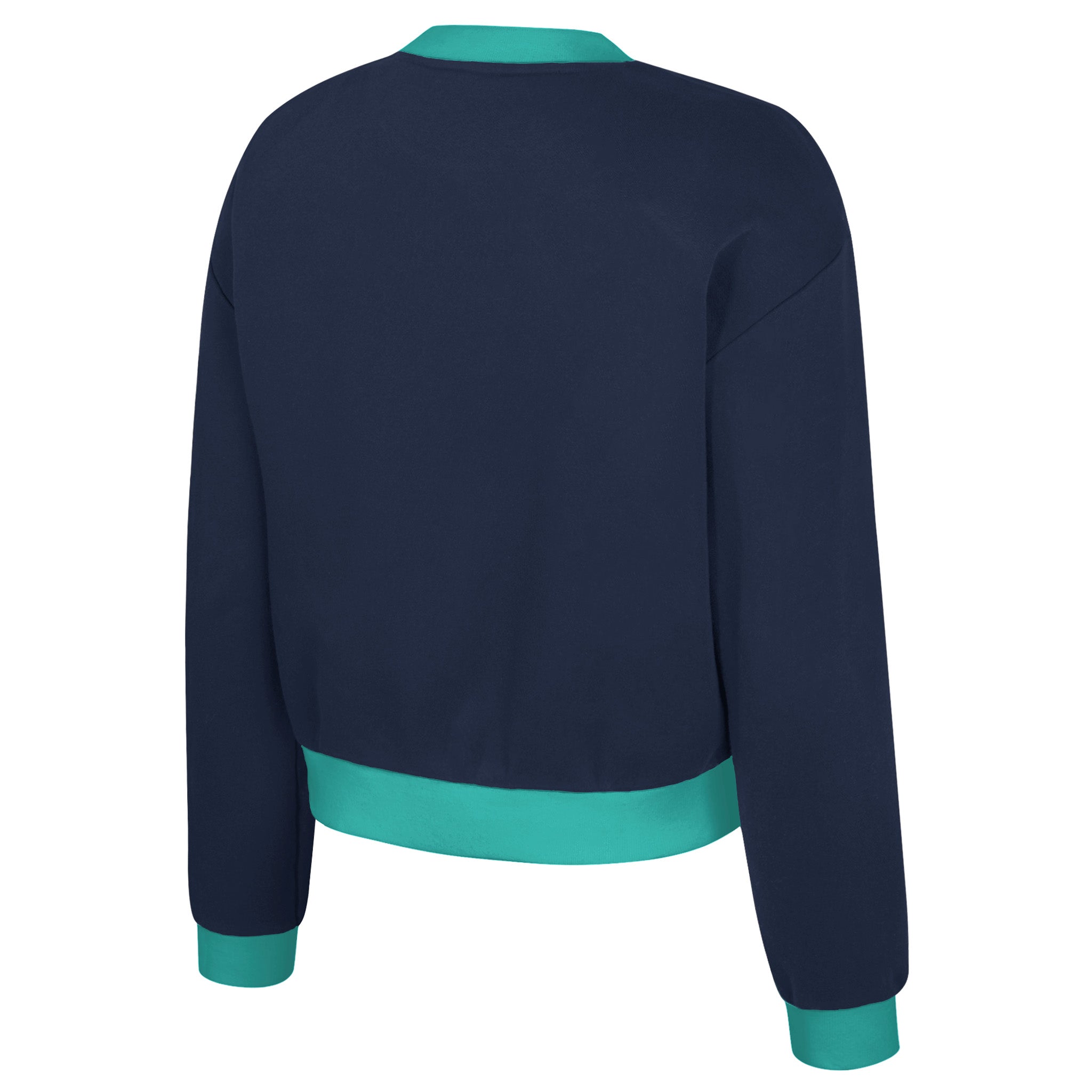 Navy blue sweatshirt with teal accents on a white background