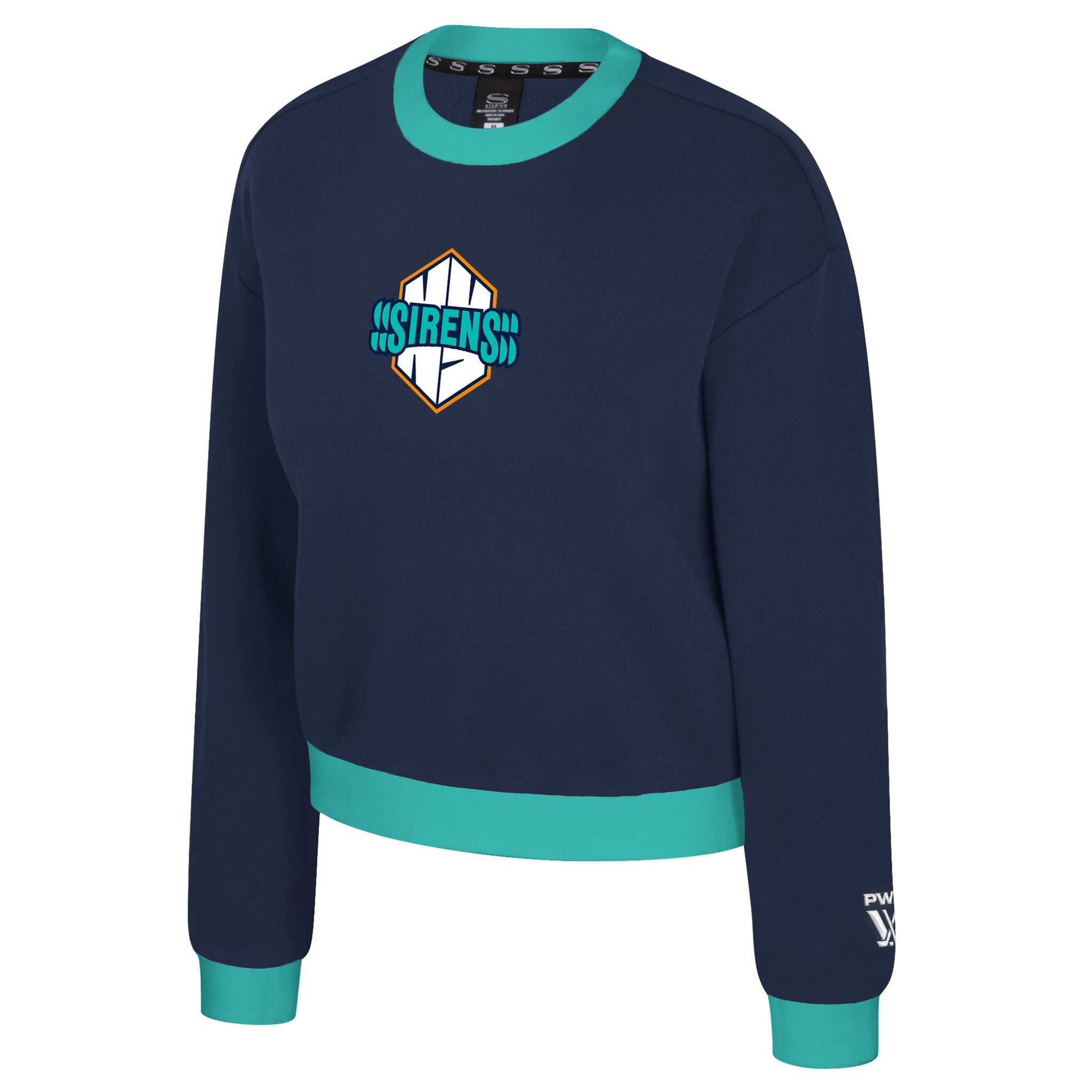 Navy blue sweatshirt with teal accents and a logo on a white background