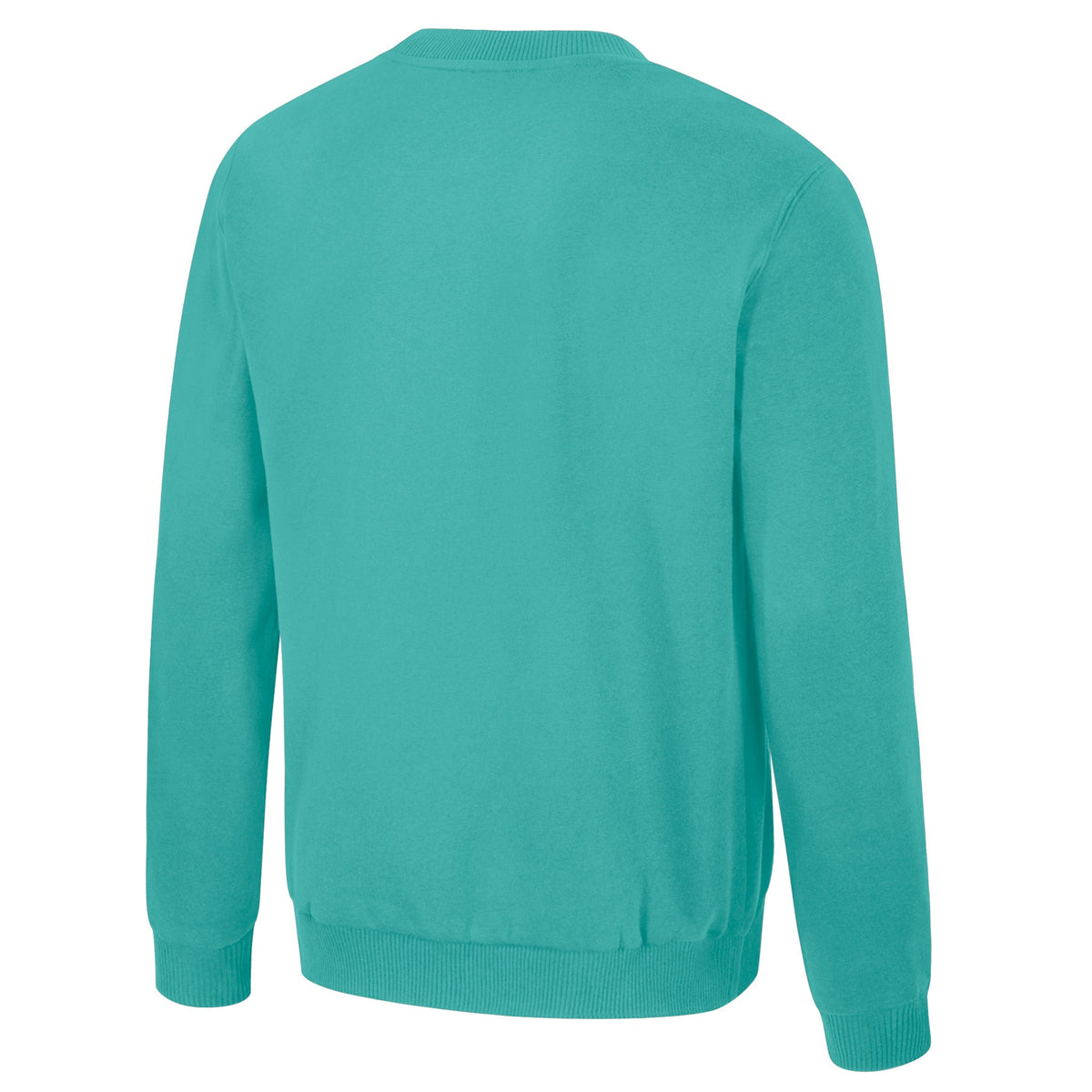 The back of a teal crew neck New York Sirens crew neck sweatshirt. The collar, cuffs, and bottom have ribbed detailing.