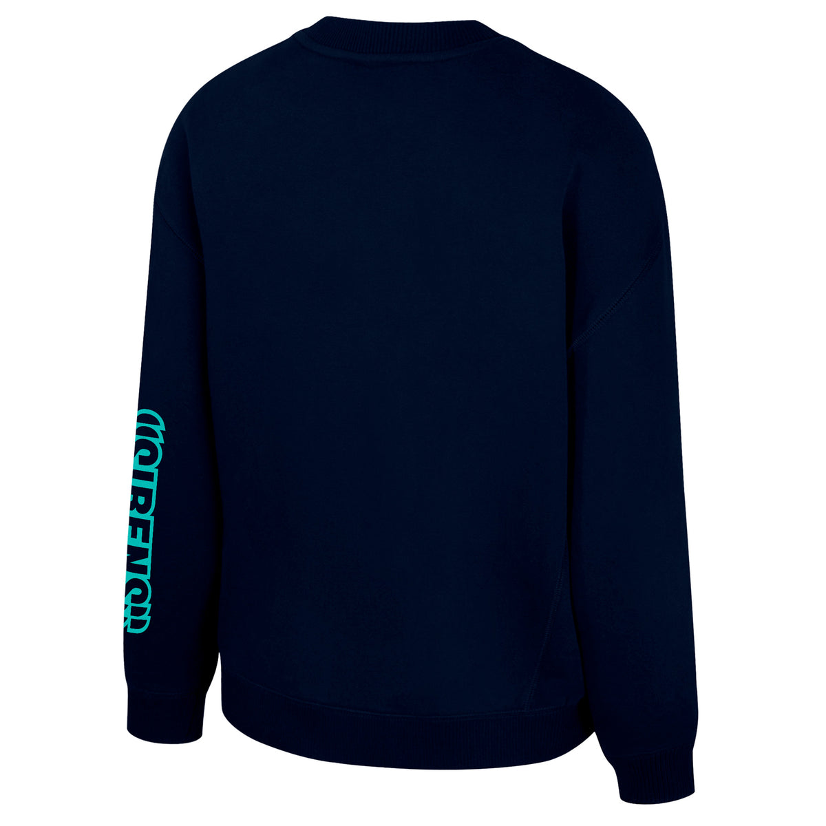 The back of a navy-blue crew neck New York Sirens crew neck sweatshirt with 'SIRENS' along the left sleeve. The collar, cuffs, and bottom have ribbed detailing.
