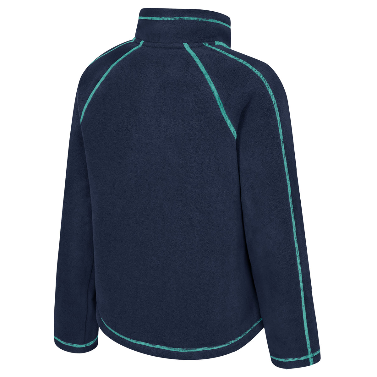 The back of a navy-blue New York Sirens full-zip fleece jacket with teal stitched seams along the arms, shoulders, and collar. 