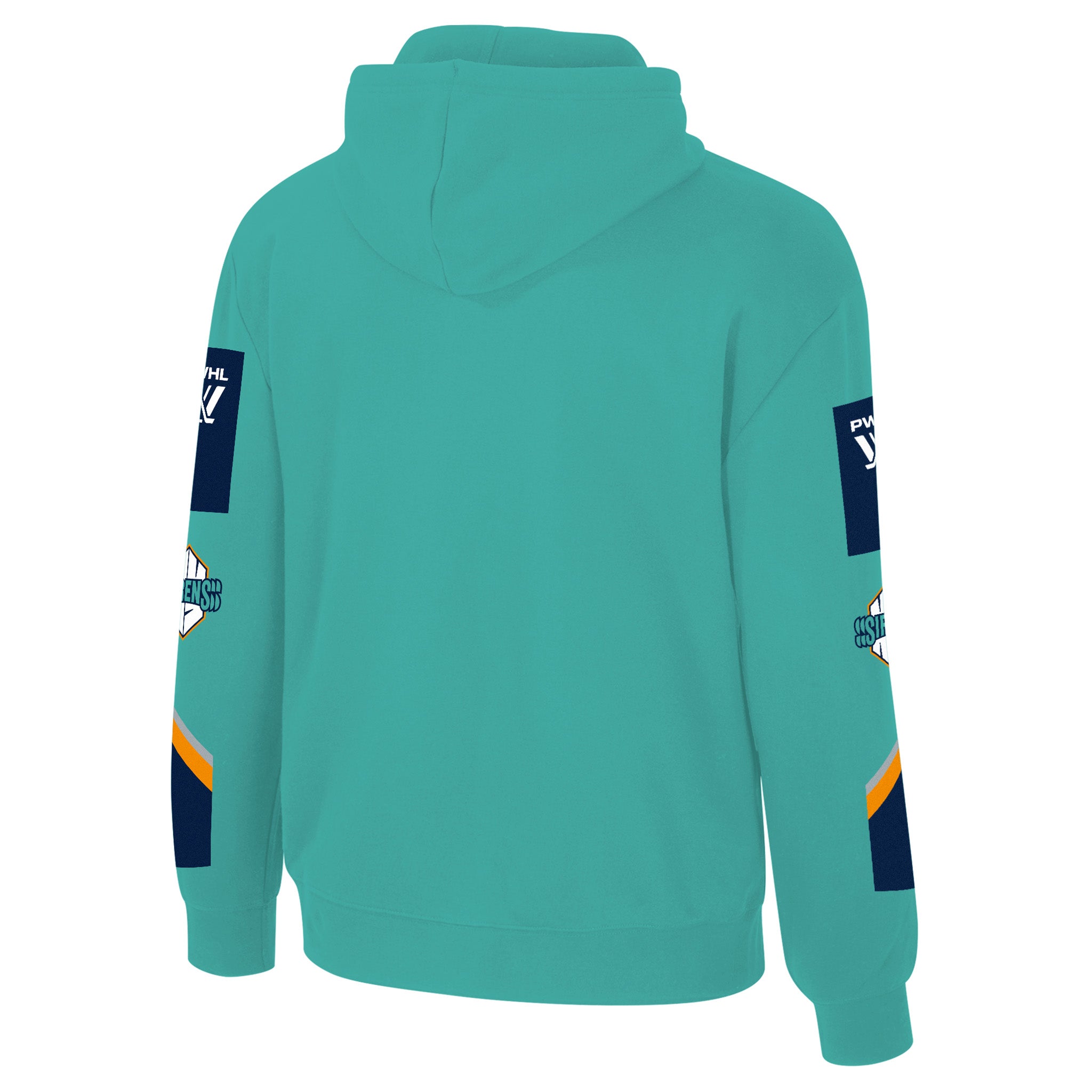 Teal hoodie with brand logos on sleeves against a white background
