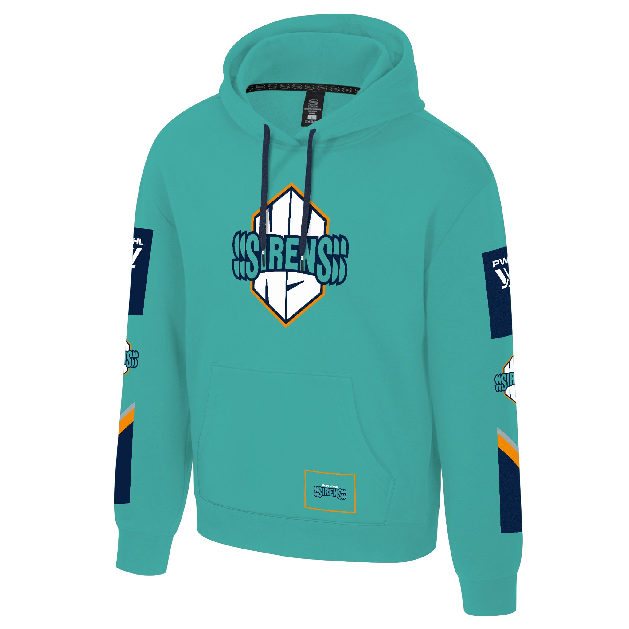 Teal hoodie with brand logo on a white background