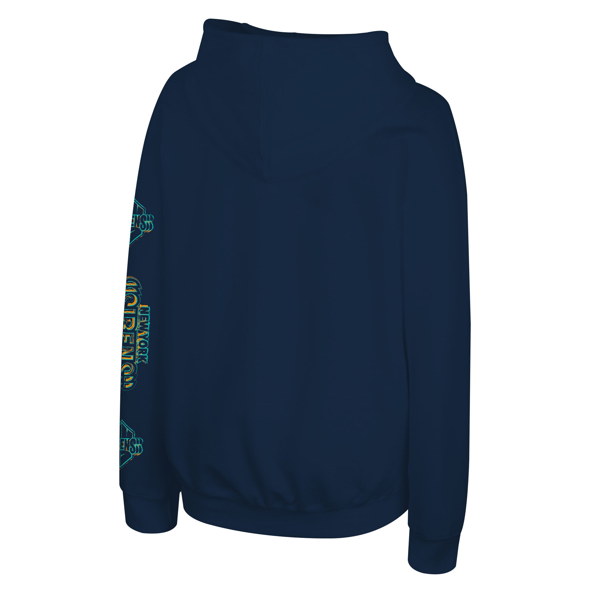 A navy blue hoodie shown from the back, featuring a vertical graphic print on the left sleeve with teal and yellow text and geometric details.