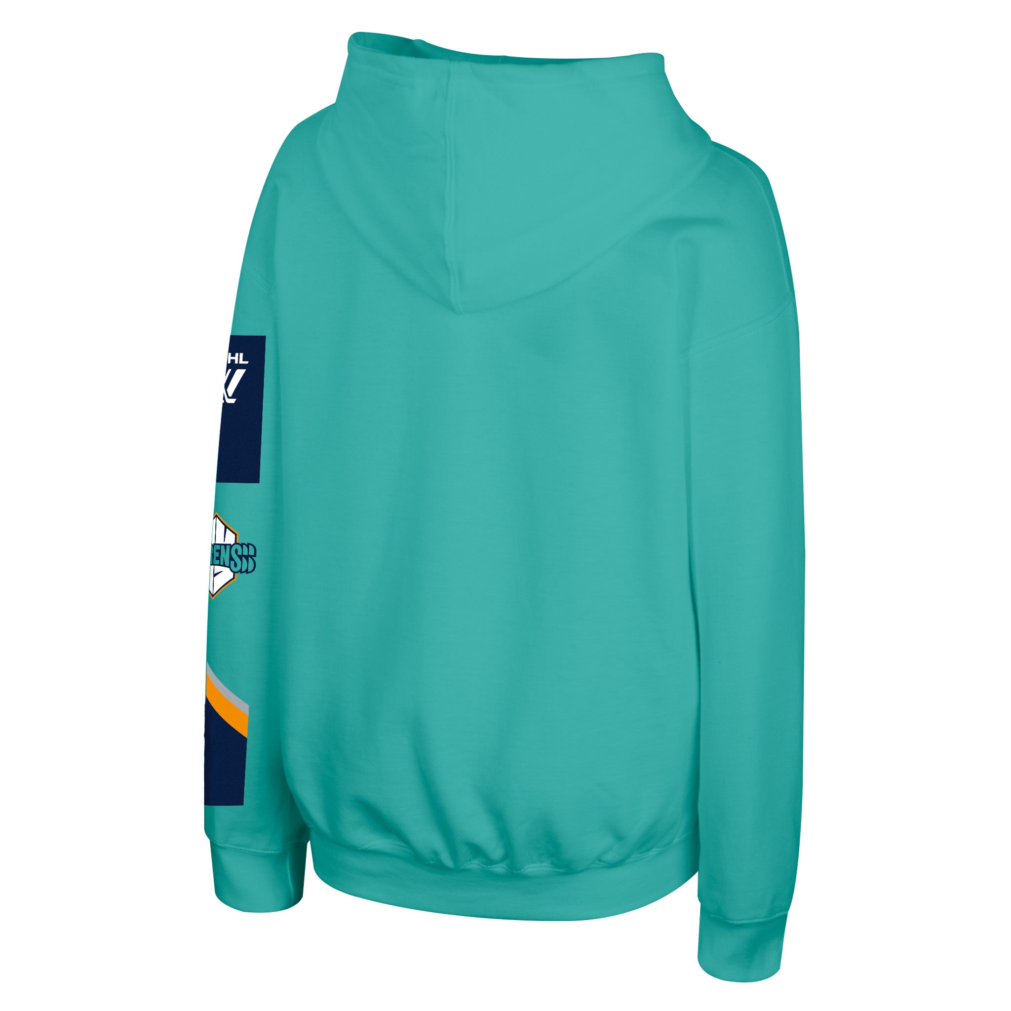 A teal green pullover hoodie shown from the back, featuring a vertical graphic print on the left sleeve with navy blue, white, and yellow details.
