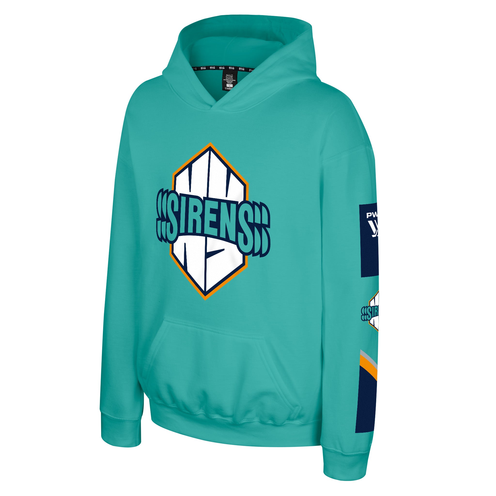 A teal long-sleeve hoodie featuring a large 'SIRENS' graphic on the chest with a white and navy shield design outlined in orange. The right sleeve has a navy patch with white text, and the inside neck label shows the Nike brand.