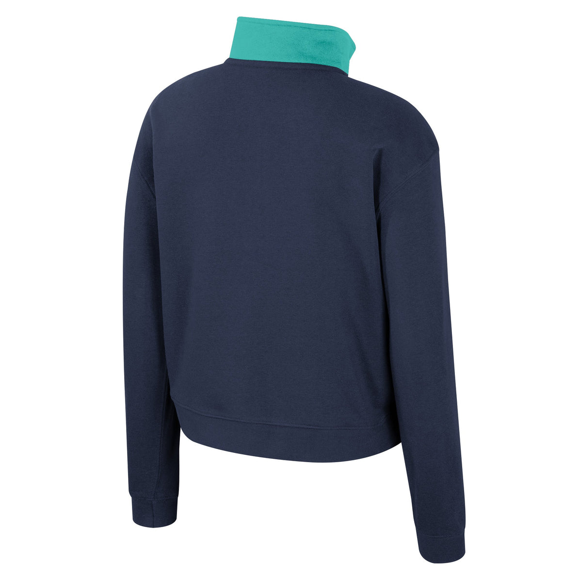 The back of a navy-blue New York Sirens fleece half zip with teal color blocking on the collar. 