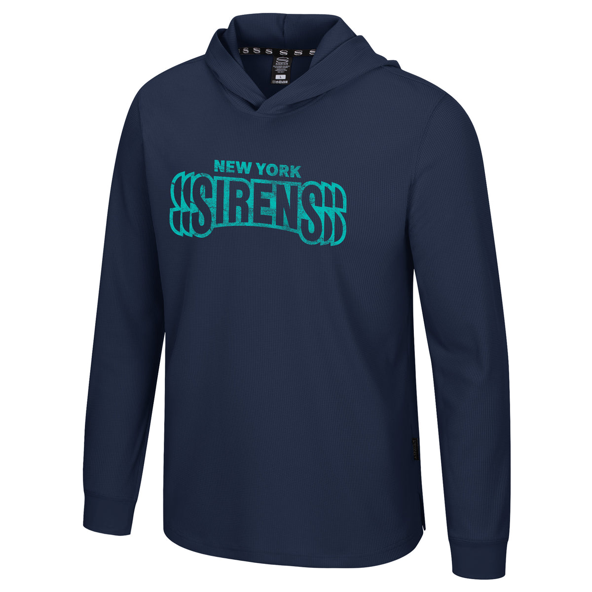 The front of a navy thermal hoodie with 'NEW YORK' written in teal and 'SIRENS' below it outlined in teal across the chest in white. 