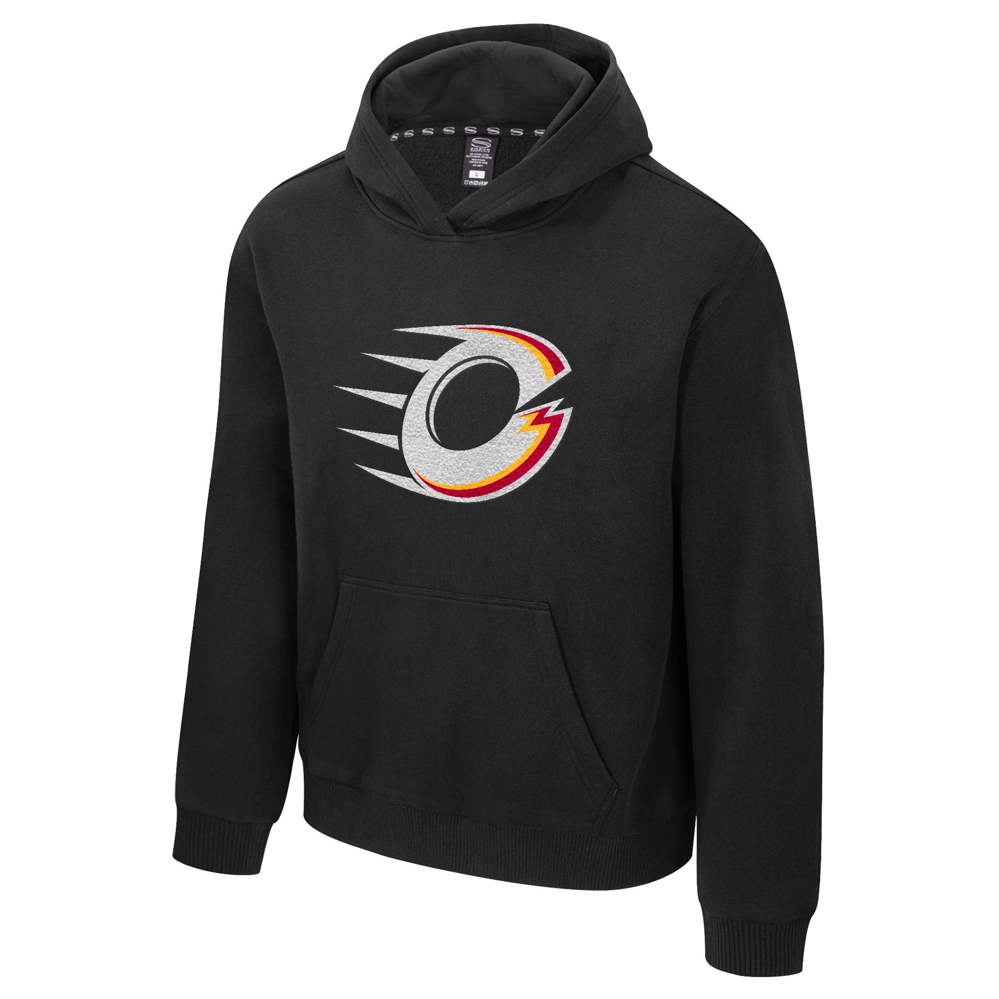 Black hoodie with a colorful logo on a white background