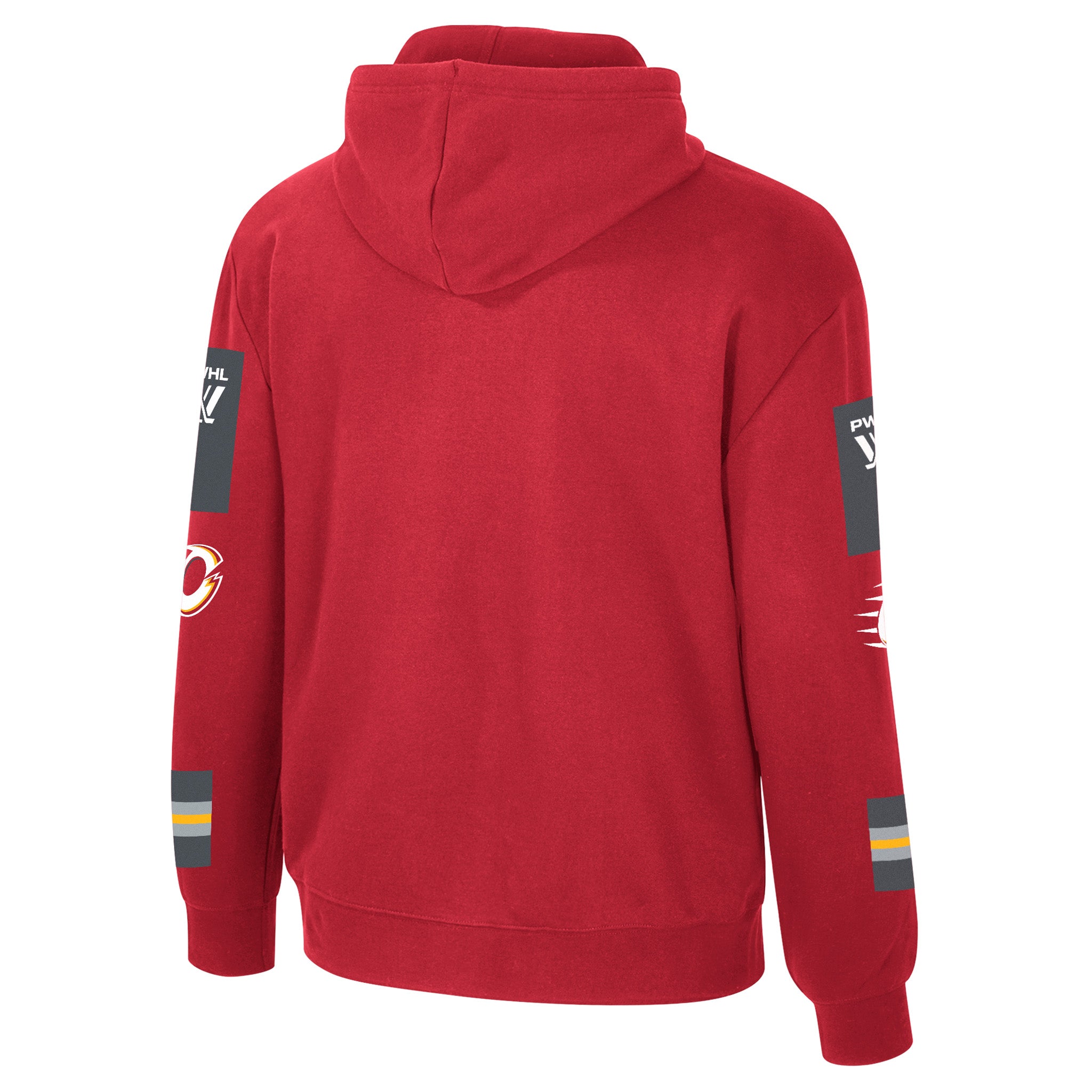 Red hoodie with logos on sleeves against a white background
