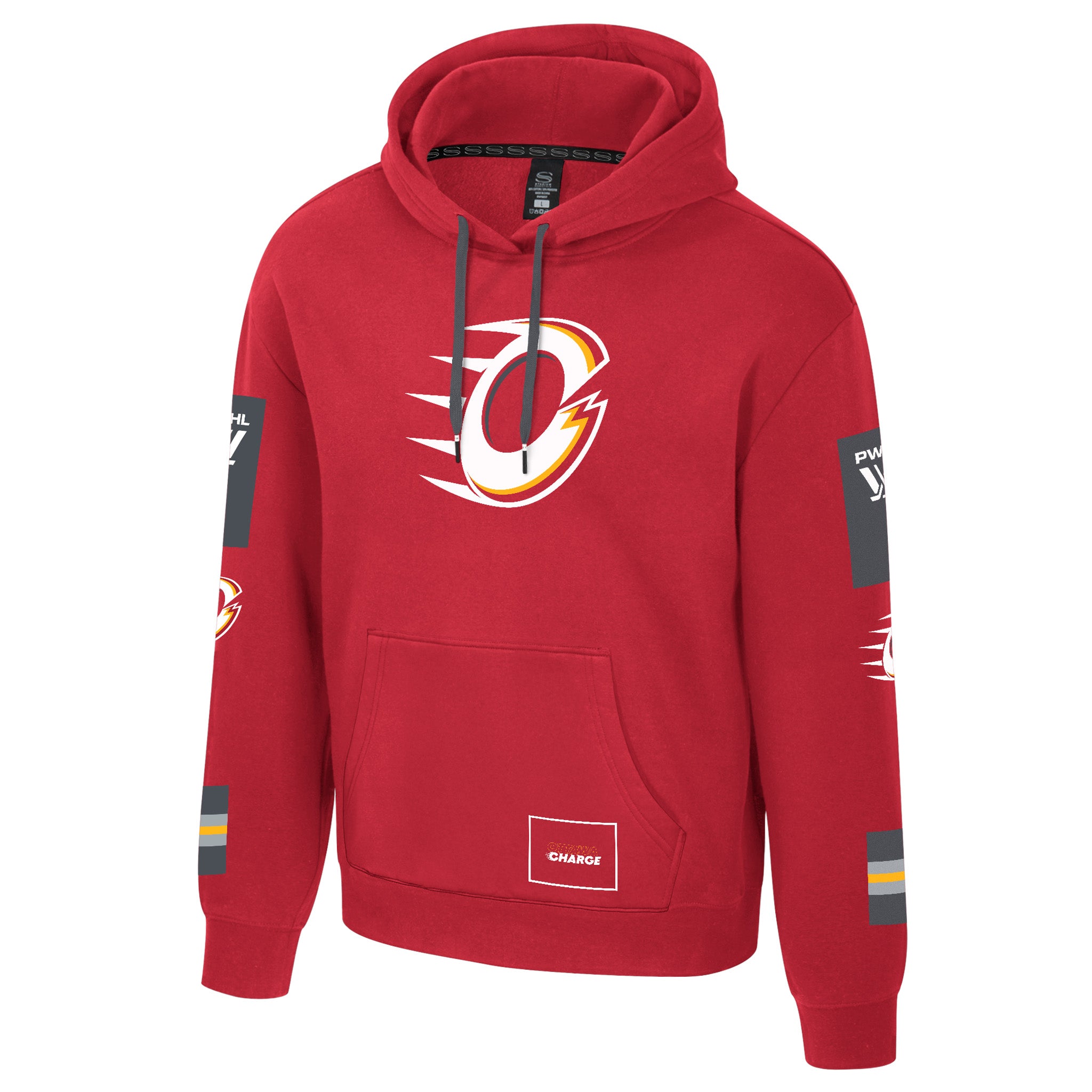 Red hoodie with a logo on a white background
