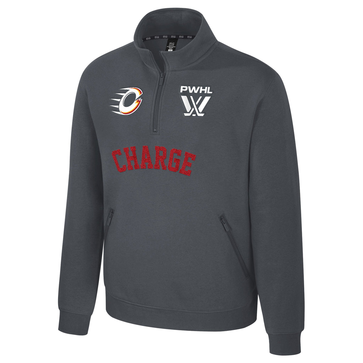 The front of a dark gray fleece quarter zip with an embroidered white PWHL logo on the left chest and an Ottawa Charge logo on the right chest. Below the zipper is a red embroidered 'CHARGE'.