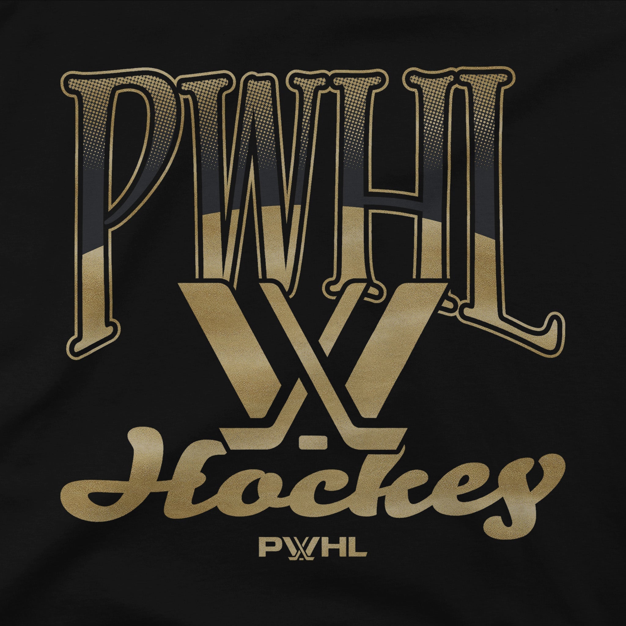 Black shirt with gold PWHL logo and text on a black background