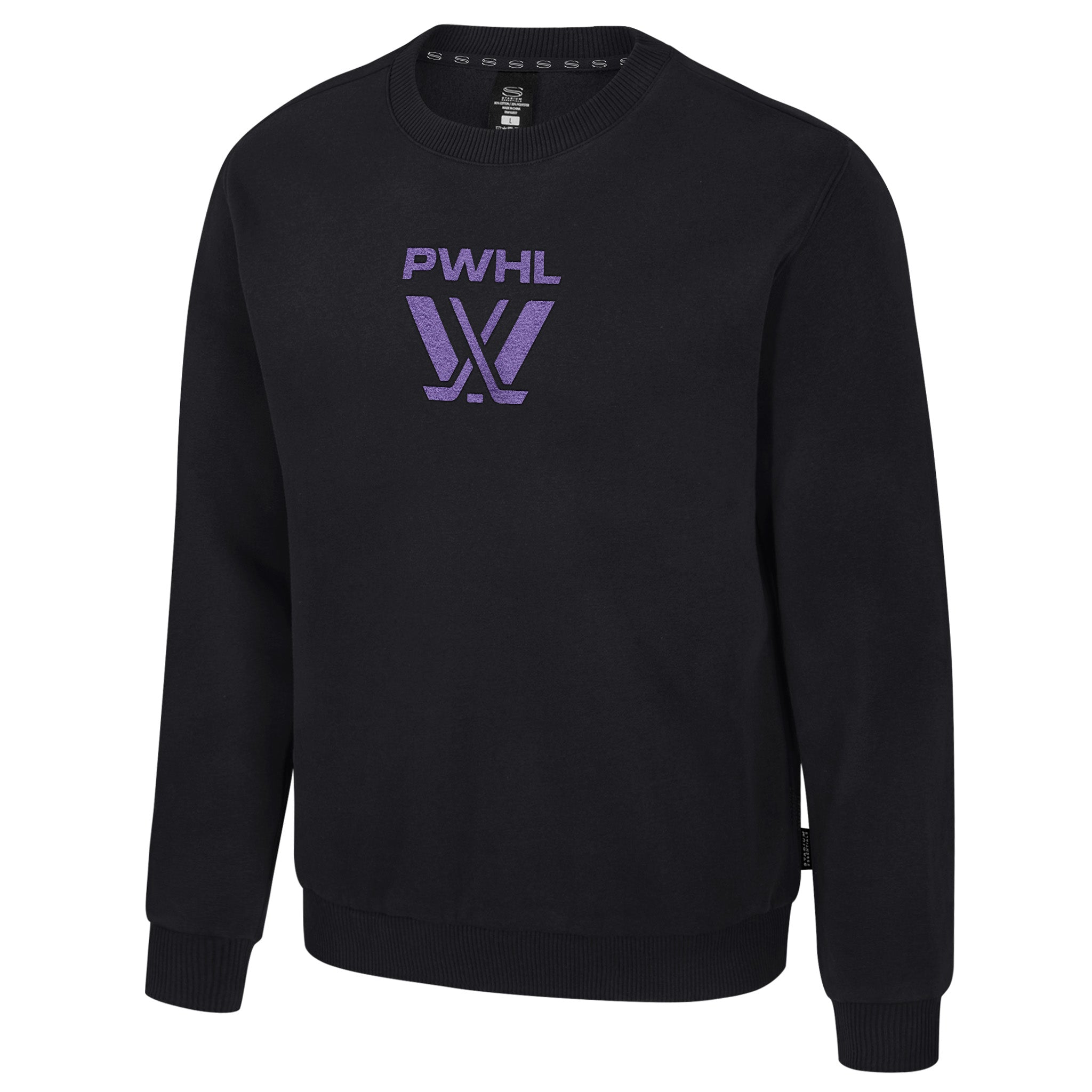 Black sweatshirt with purple logo on a white background