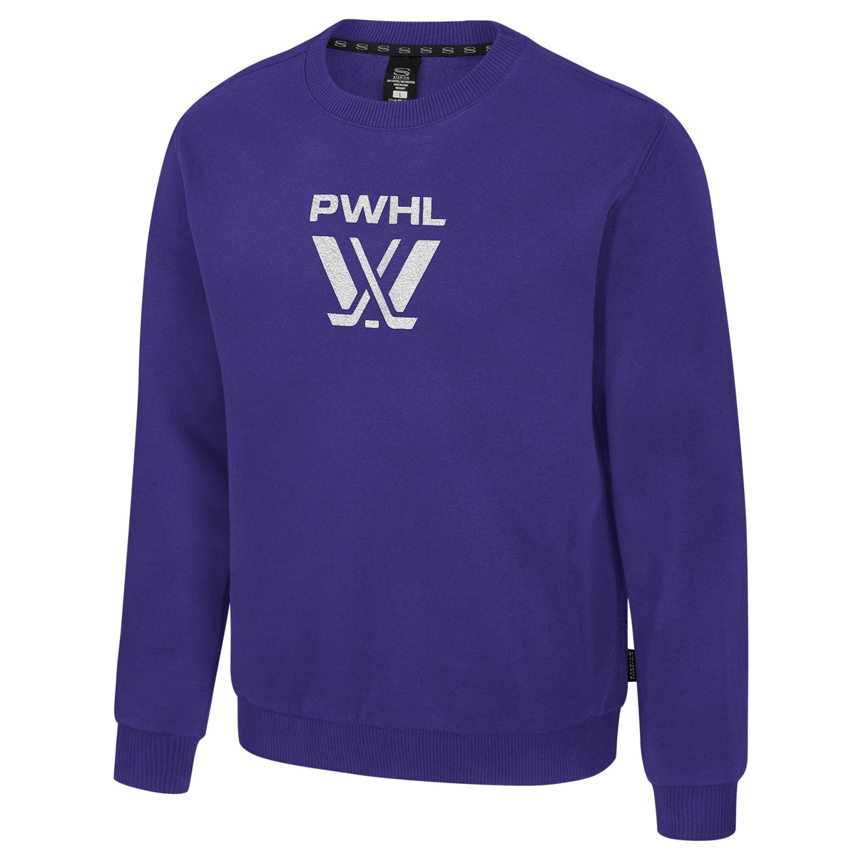 The front of a purple crew neck sweatshirt with ribbed collar, cuffs and bottom band. The PWHL logo is embroidered in white on the center of the chest with 'PWHL' on top of it.