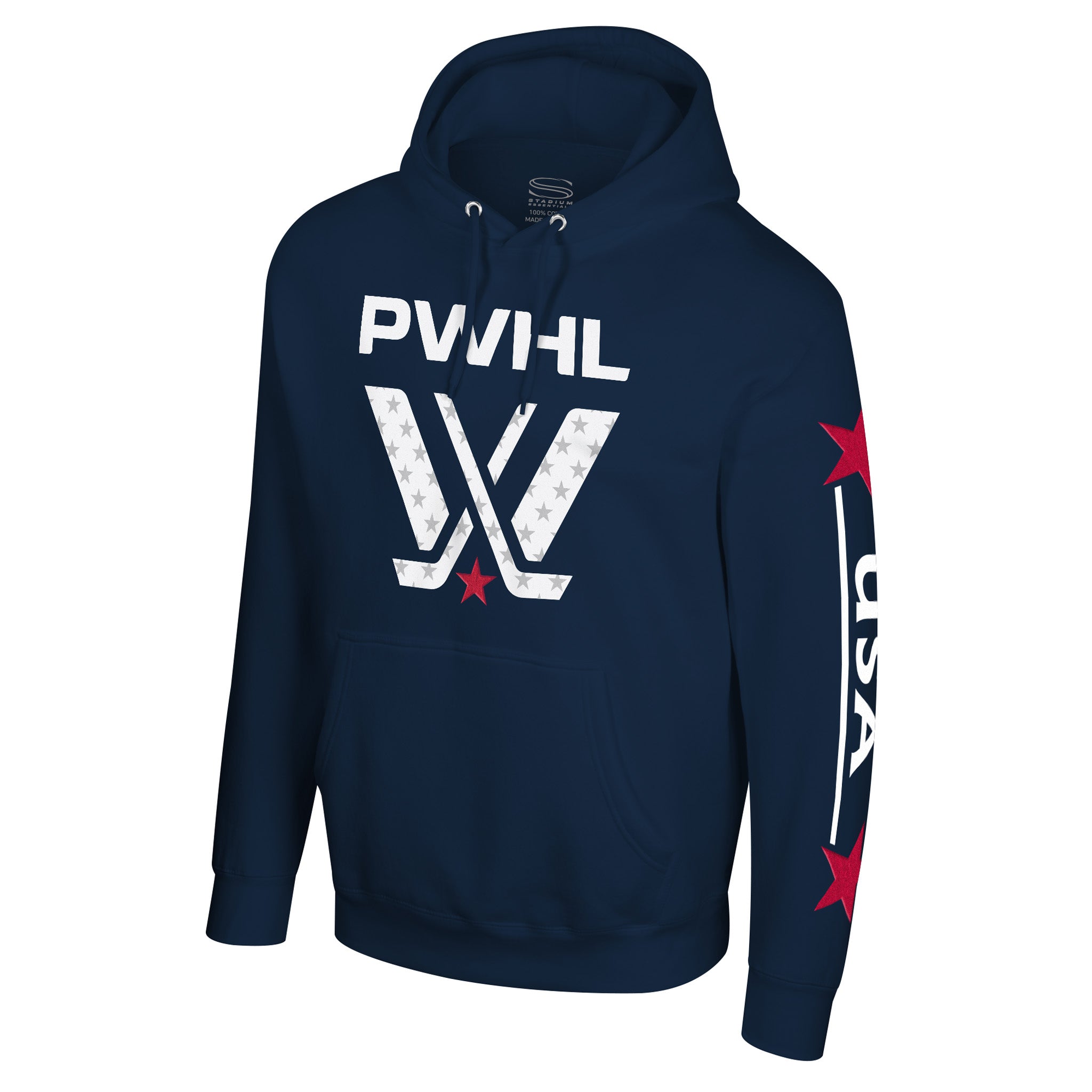 Navy blue hoodie with white and red graphics on a white background