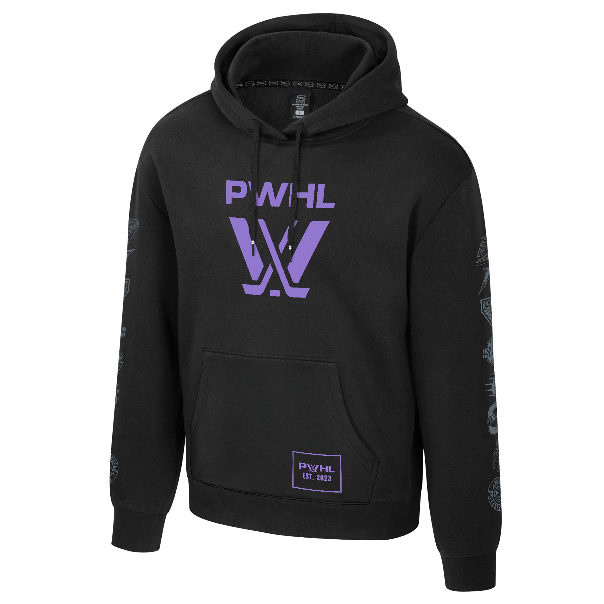 Black Hoodie with purple PWHL logo and grey team branding on the arms