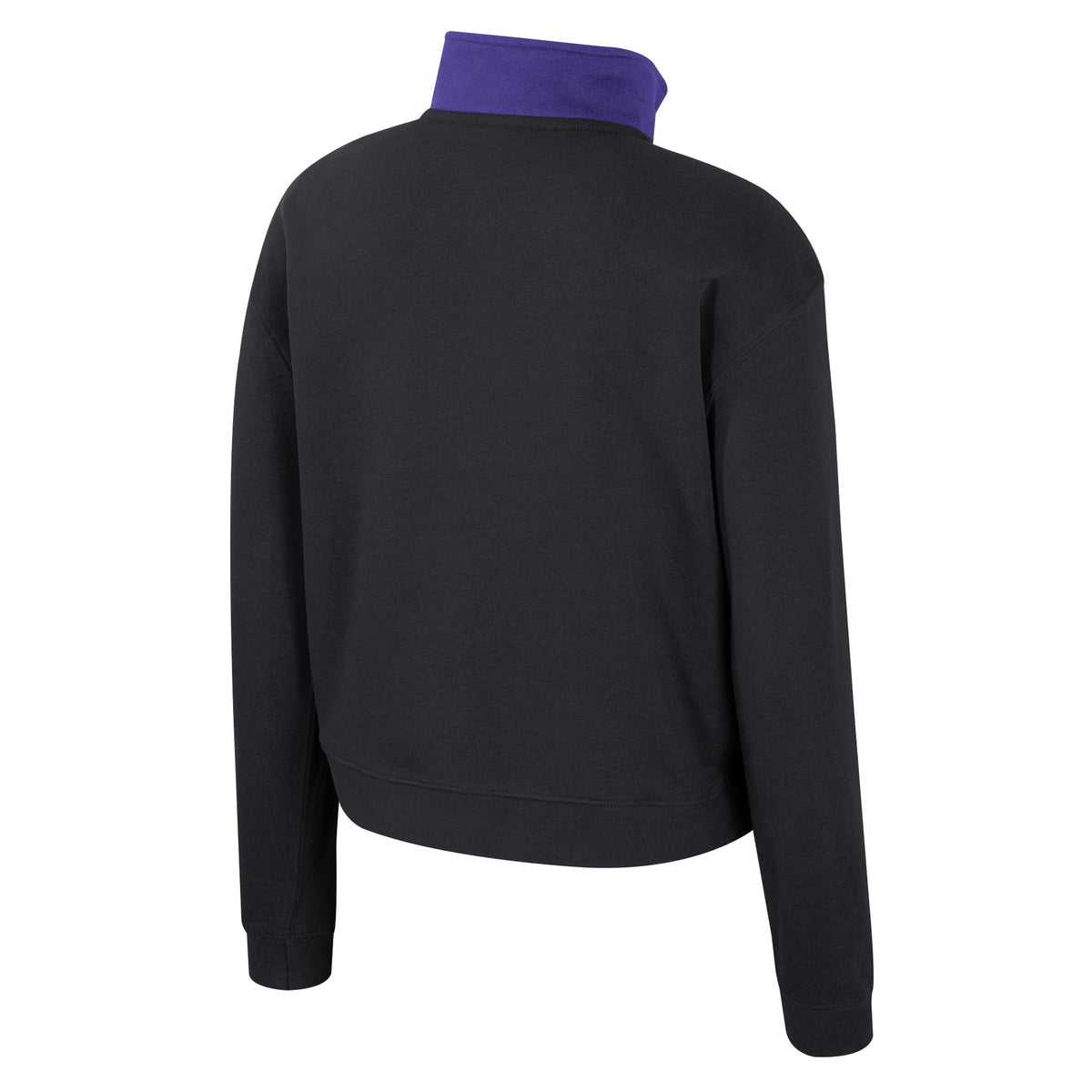 Back of a black PWHL half zip sweatshirt with purple color blocking on the collar and front pocket.