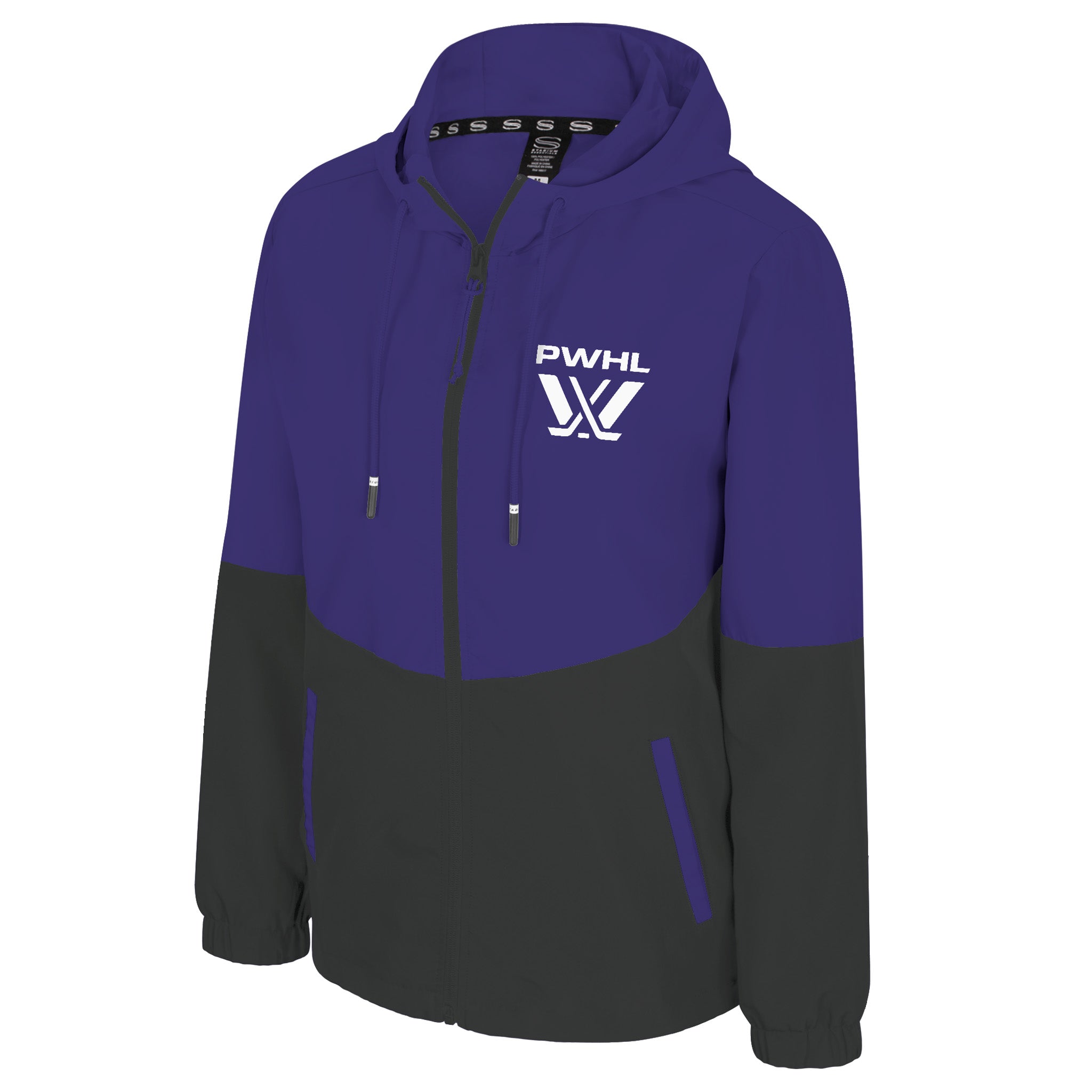 Blue and black hoodie with a logo on a white background