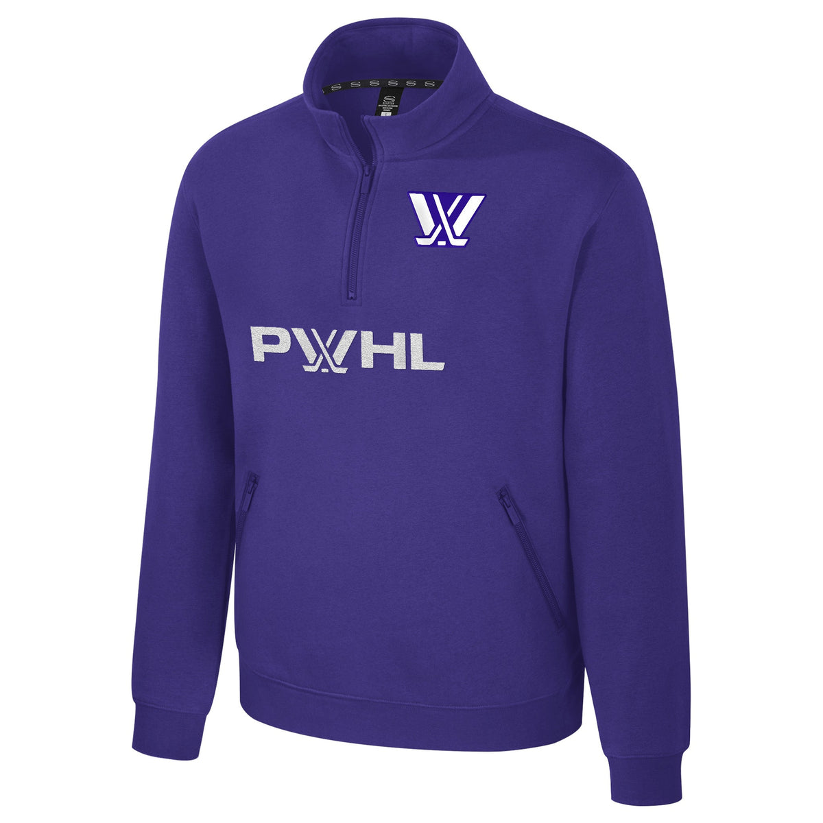 The front of a purple fleece quarter zip with an embroidered white PWHL logo on the left chest. Below the zipper is a white embroidered 'PWHL' with the PWHL logo as the 'W'. 