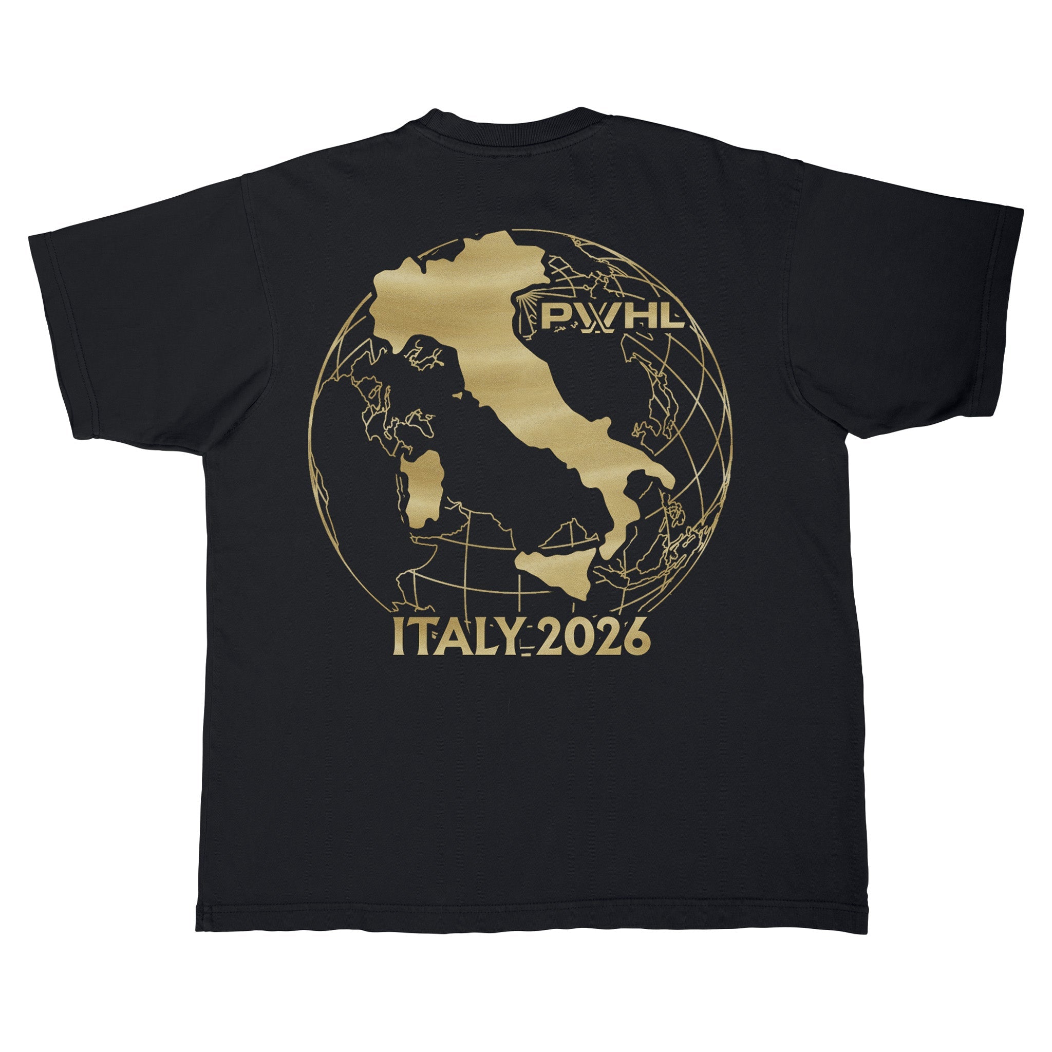 Black t-shirt with gold map of Italy and 'PWHL' logo on a white background