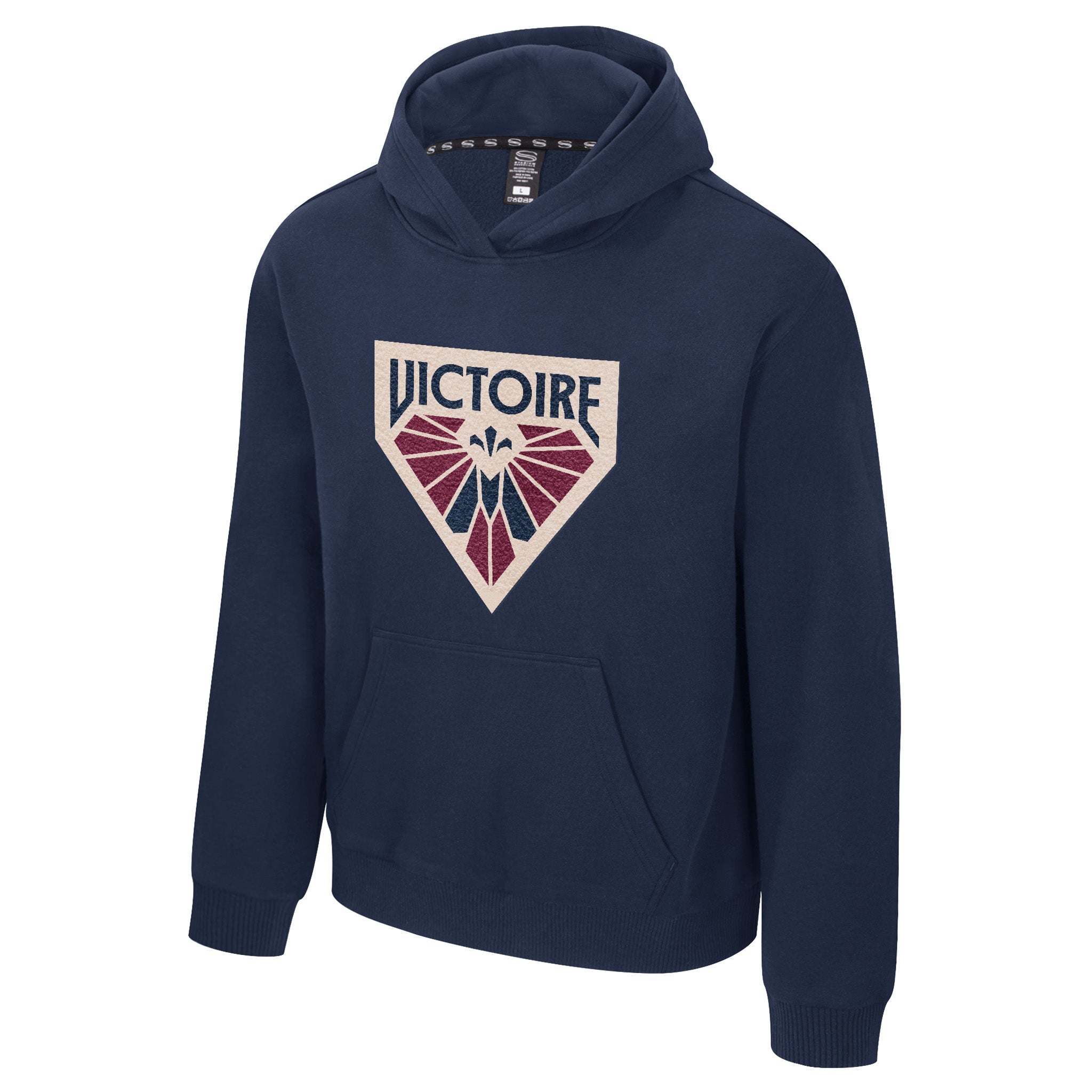 Navy blue hoodie with a logo on a white background