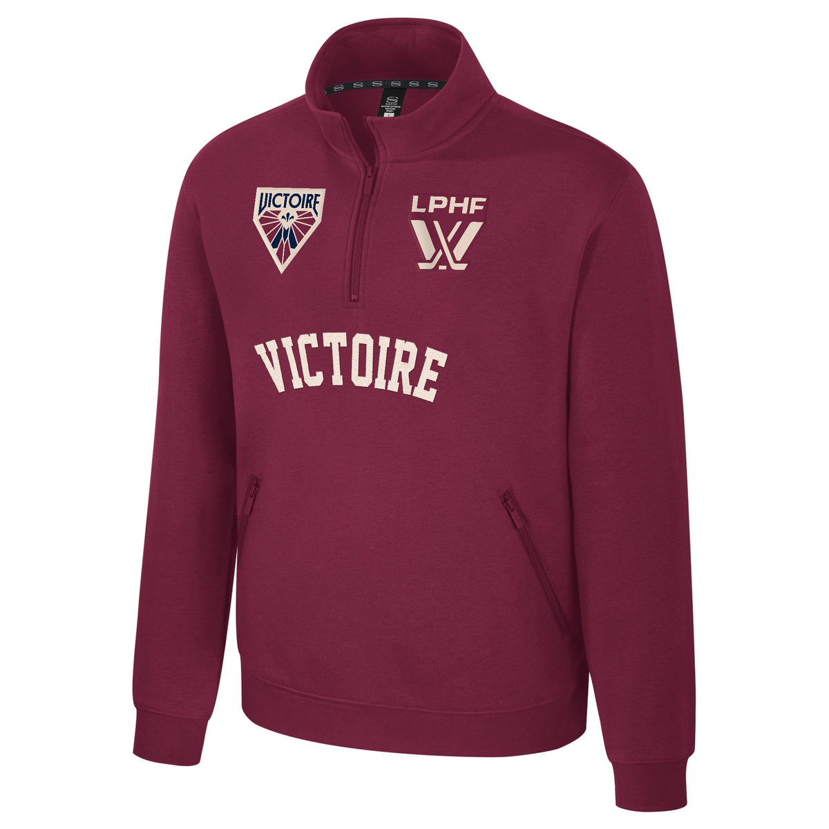 The front of a burgundy fleece quarter zip with an embroidered cream LPHF logo on the left chest and a Montreal Victoire logo on the right chest. Below the zipper is a cream embroidered 'VICTOIRE'.