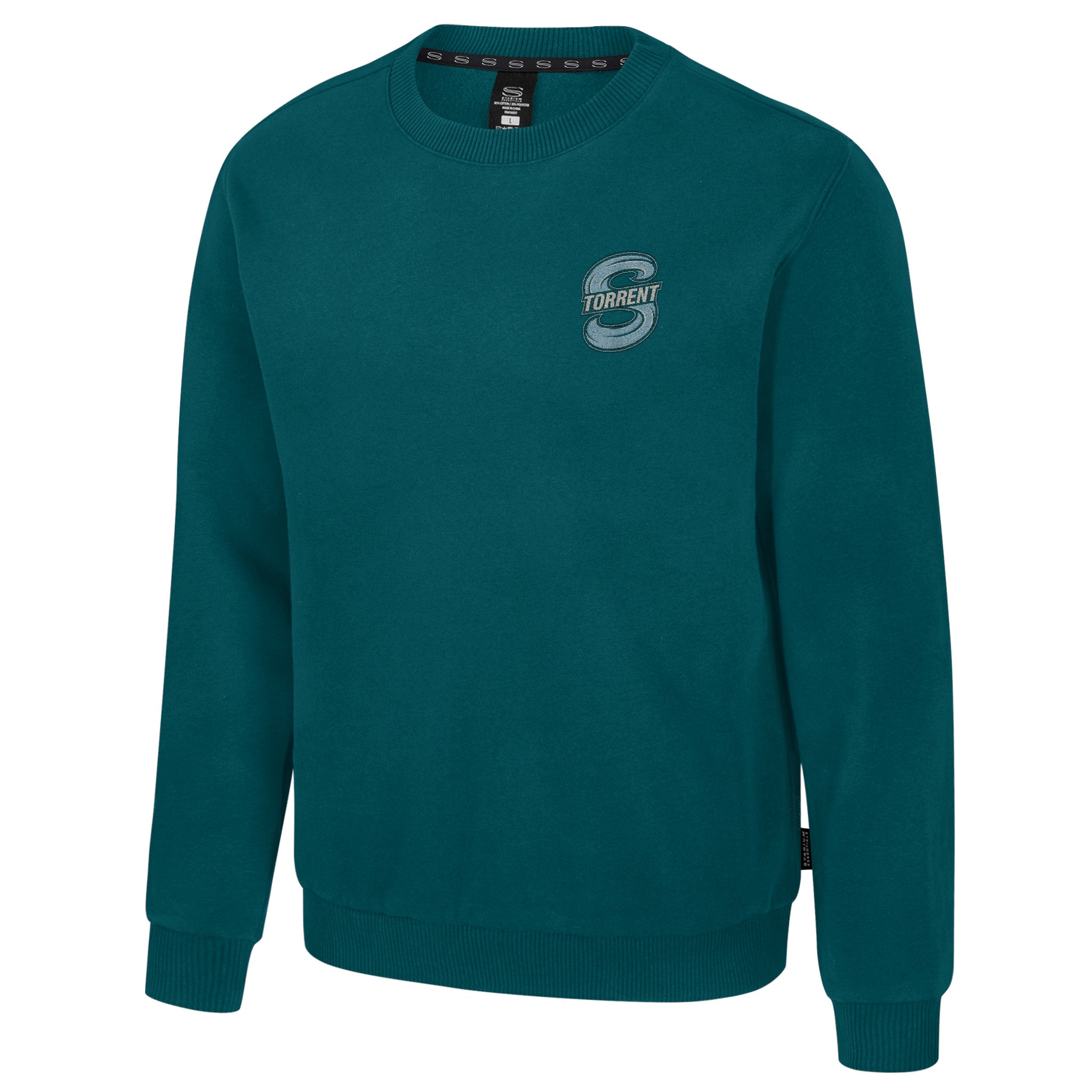 Teal sweatshirt with a logo on a white background