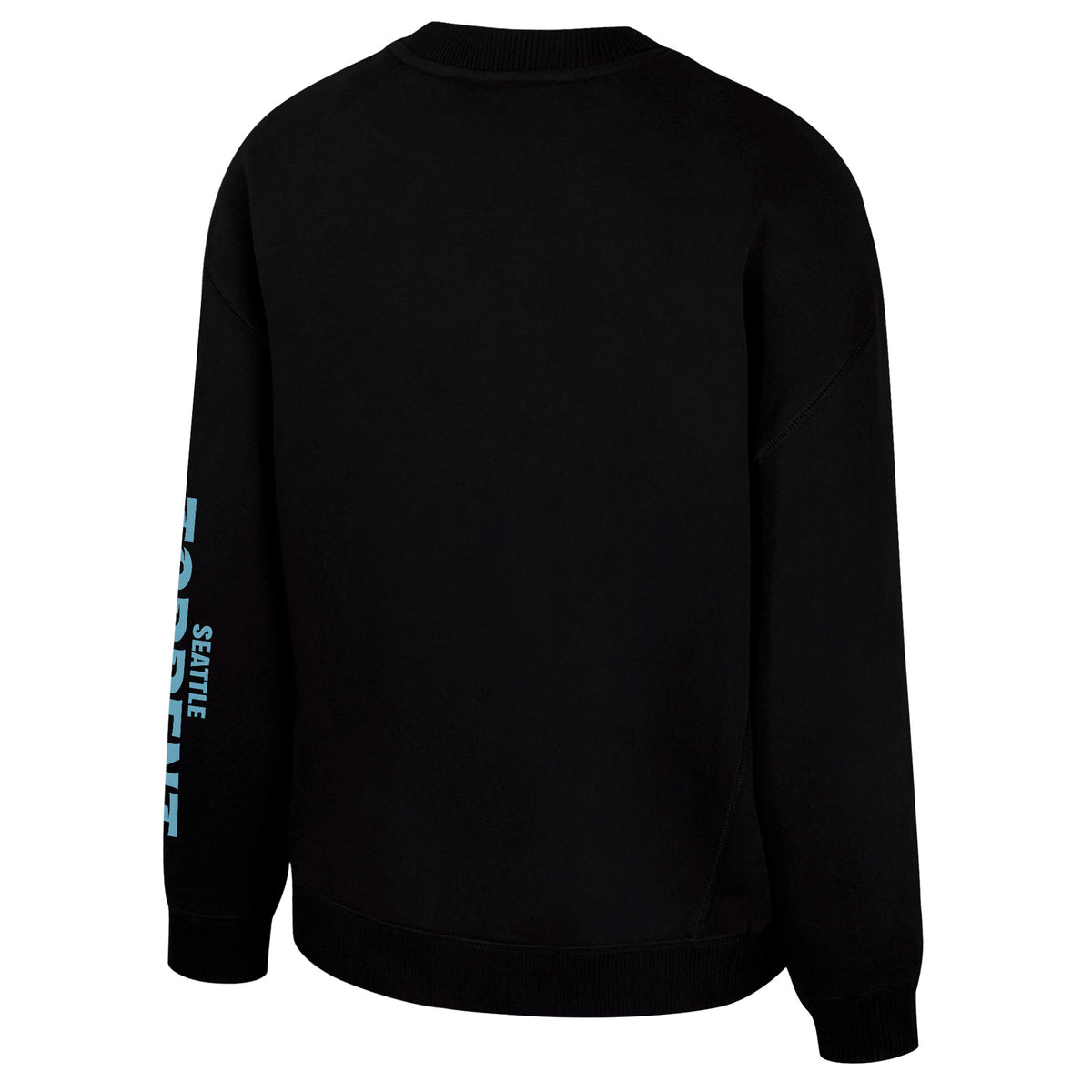 The back of a black crew neck Seattle Torrent crew neck sweatshirt with 'SEATTLE TORRENT' along the left sleeve. The collar, cuffs, and bottom have ribbed detailing.