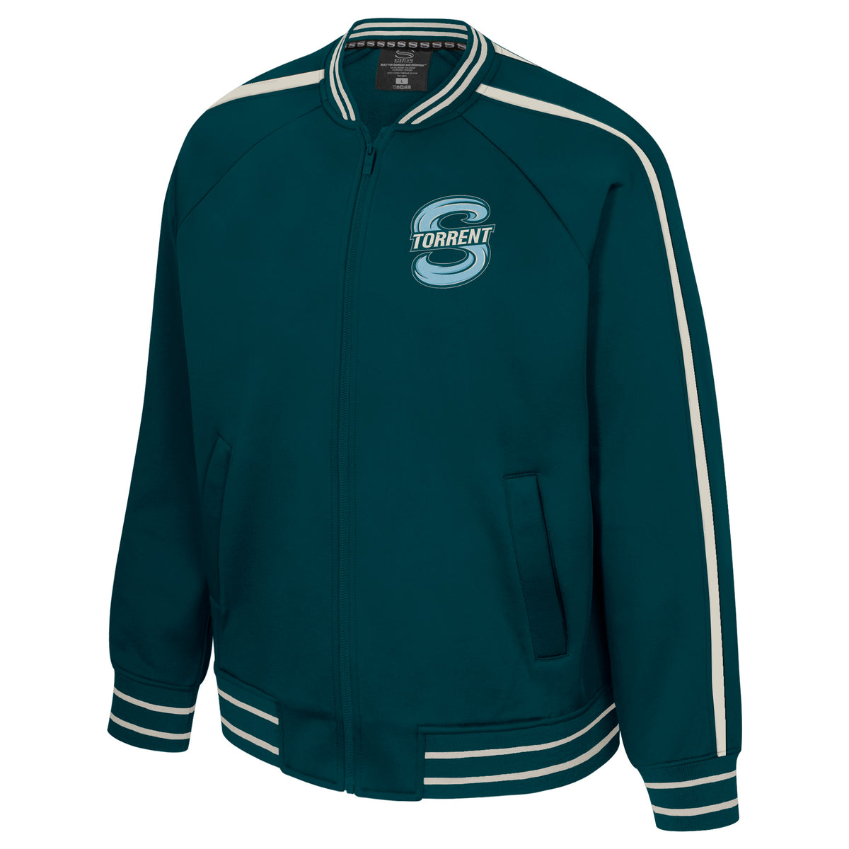The front of a dark teal full zip jacket featuring two cream stripes along the dark teal cuffs on the collar, sleeves, and bottom. Two cream stripes also run vertically up the arms and shoulders reaching from the collar to the cuff. The Seattle Torrent logo sits on the right chest. 