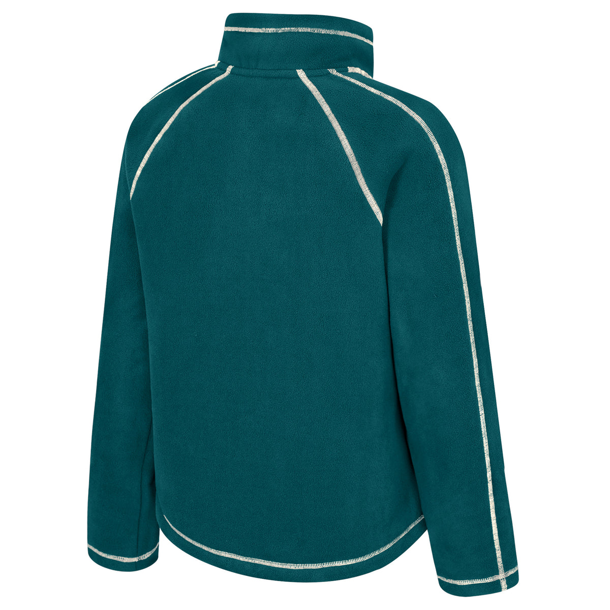 The back of a dark teal Seattle Torrent full-zip fleece jacket with white stitched seams along the arms, shoulders, and collar. 