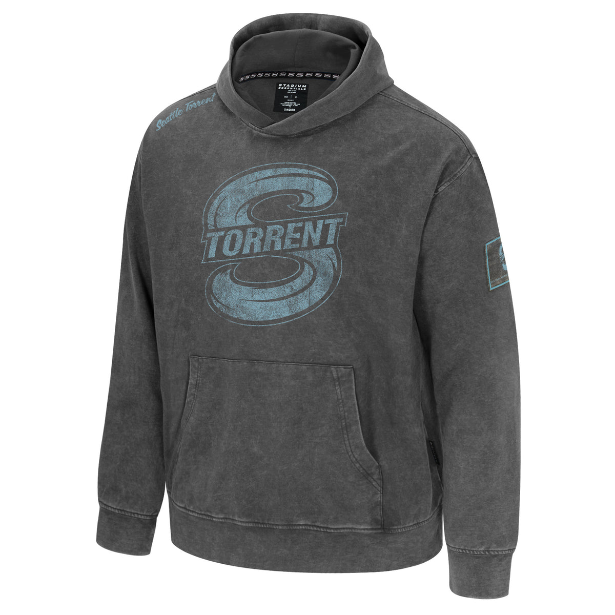 The front of a dark gray wash hooded sweatshirt with a large blue mono-color Seattle Torrent logo at the center of the chest. 'Seattle Torrent' is in cursive on top of the right shoulder and a dark gray wash patch on the left arm containing the Seattle Torrent logo. 