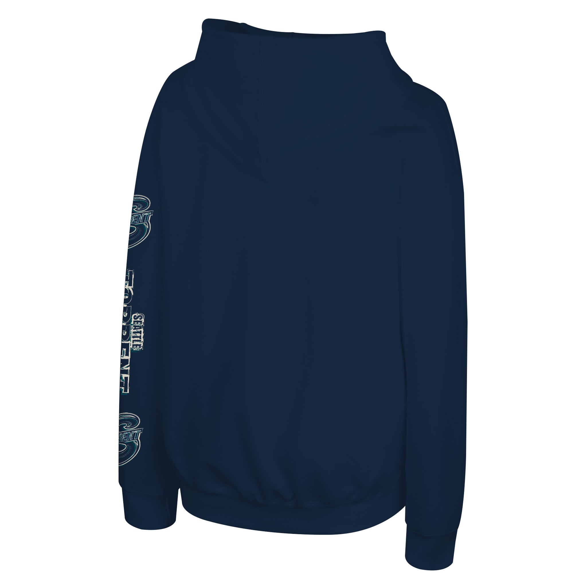 A navy blue pullover hoodie shown from the back, featuring a high collar and a vertical graphic print on the left sleeve with the text 'SEATTLE TORRENT' and their logo.