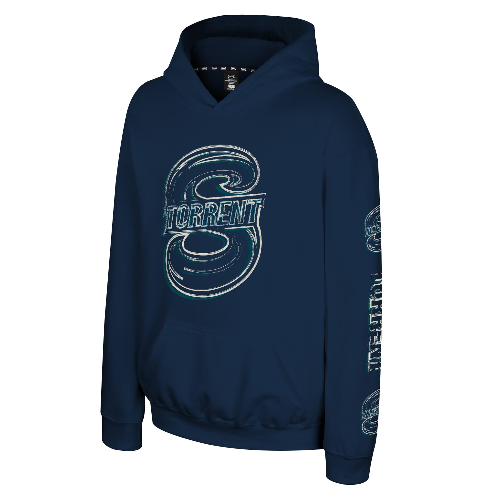 A navy blue pullover hoodie with a large white and teal outlined 'S' graphic on the chest containing the word 'TORRENT', and matching vertical graphics on the sleeves, shown on a plain white background.