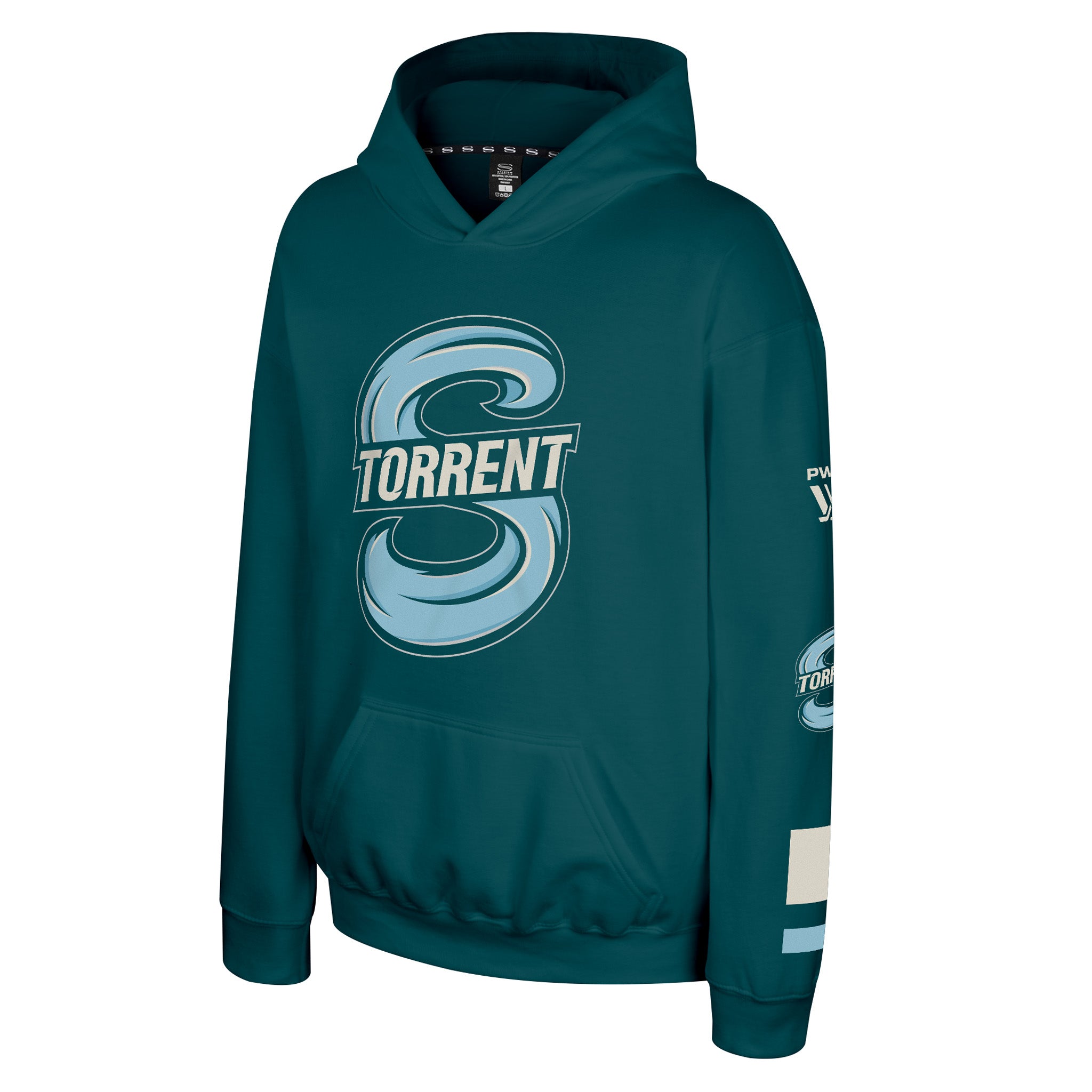 A dark teal green pullover hoodie featuring a large light blue and white 'S TORRENT' graphic on the front, with additional graphics on the sleeves, shown on a plain white background.
