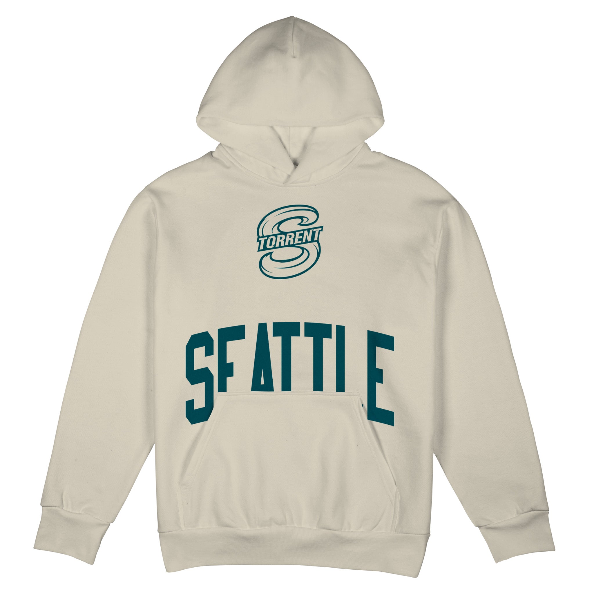 Beige hoodie with green 'Seattle' text and logo on a white background