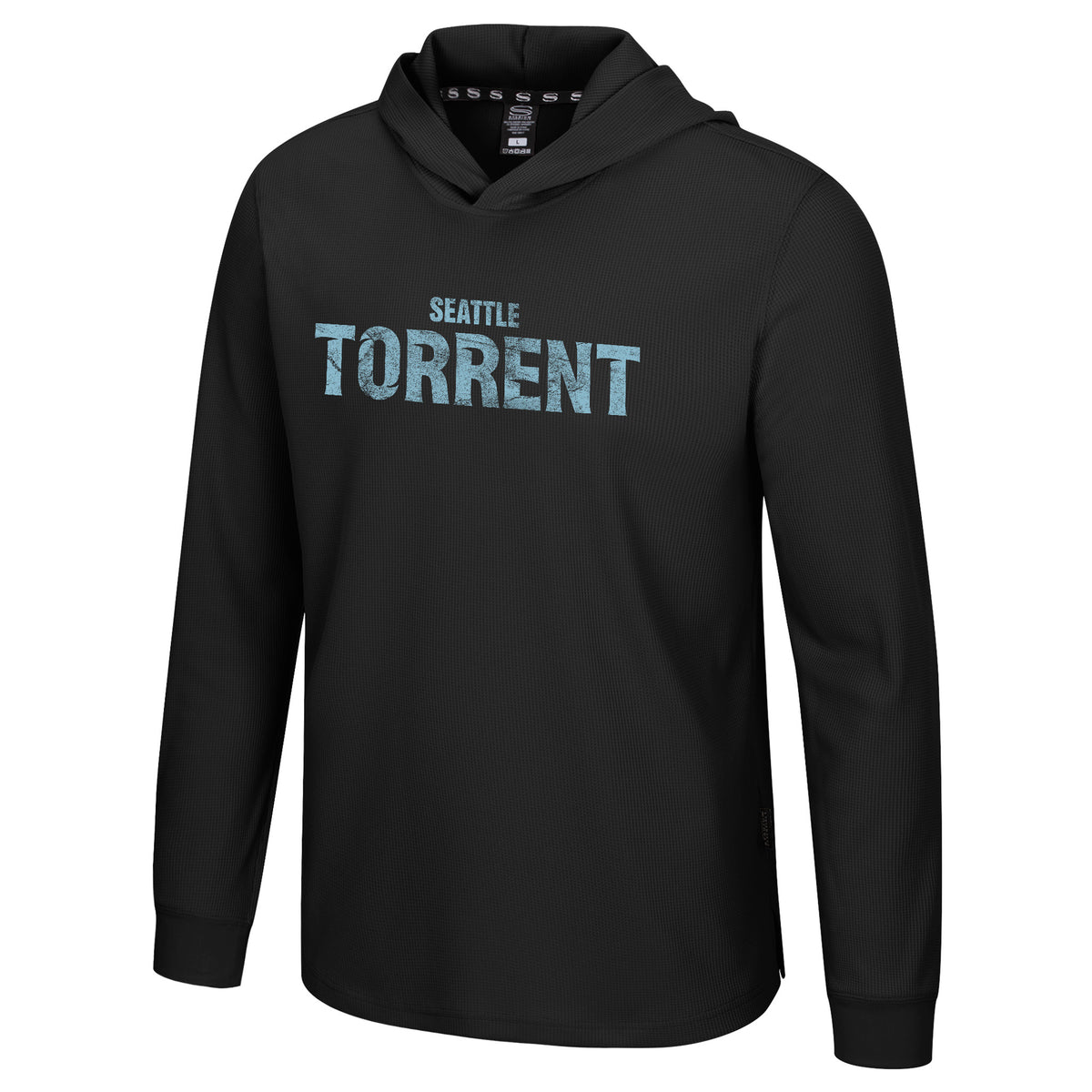 The front of a black thermal hoodie with 'SEATTLE TORRENT' across the chest in blue. 