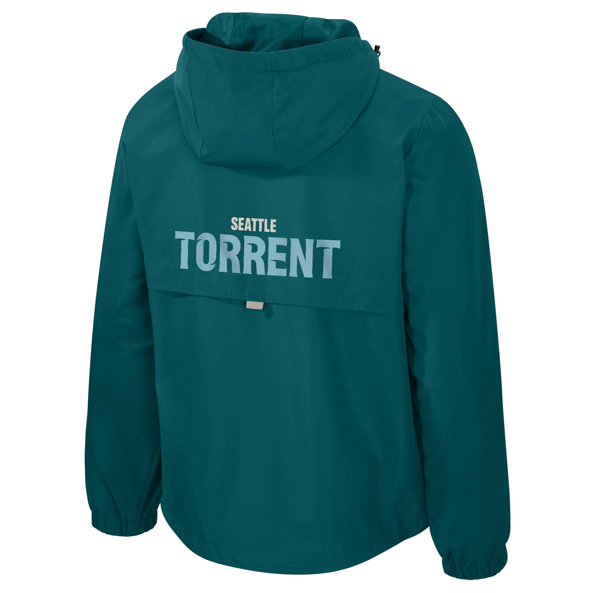 Teal jacket with 'Seattle Torrent' text on the back against a white background