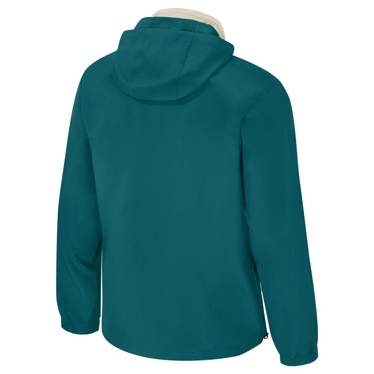 The back of a hooded dark teal Seattle Torrent quarter zip, complimented by a cream inner collar.