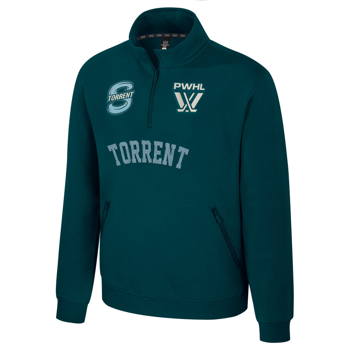 The front of a slate green fleece quarter zip with an embroidered white PWHL logo on the left chest and a Seattle Torrent logo on the right chest. Below the zipper is a light blue embroidered 'TORRENT'.