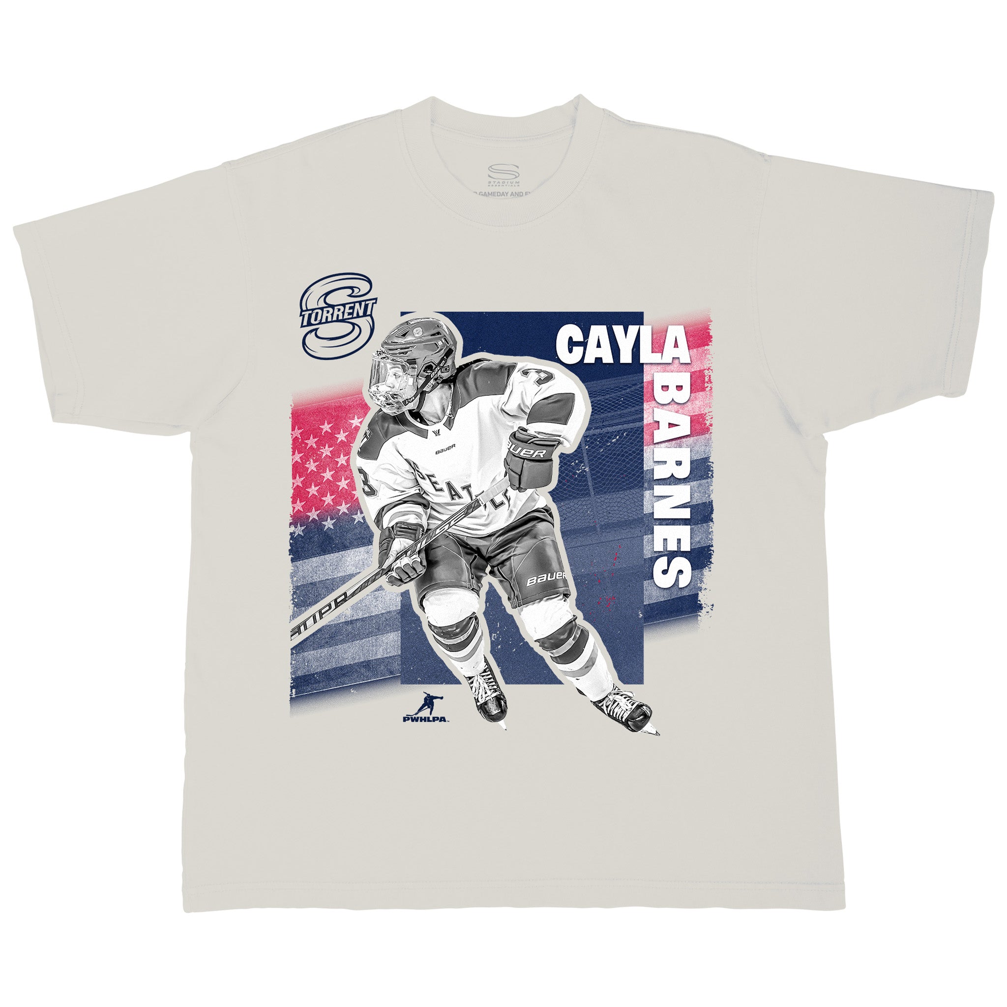 T-shirt with hockey player graphic and text on a off-white background