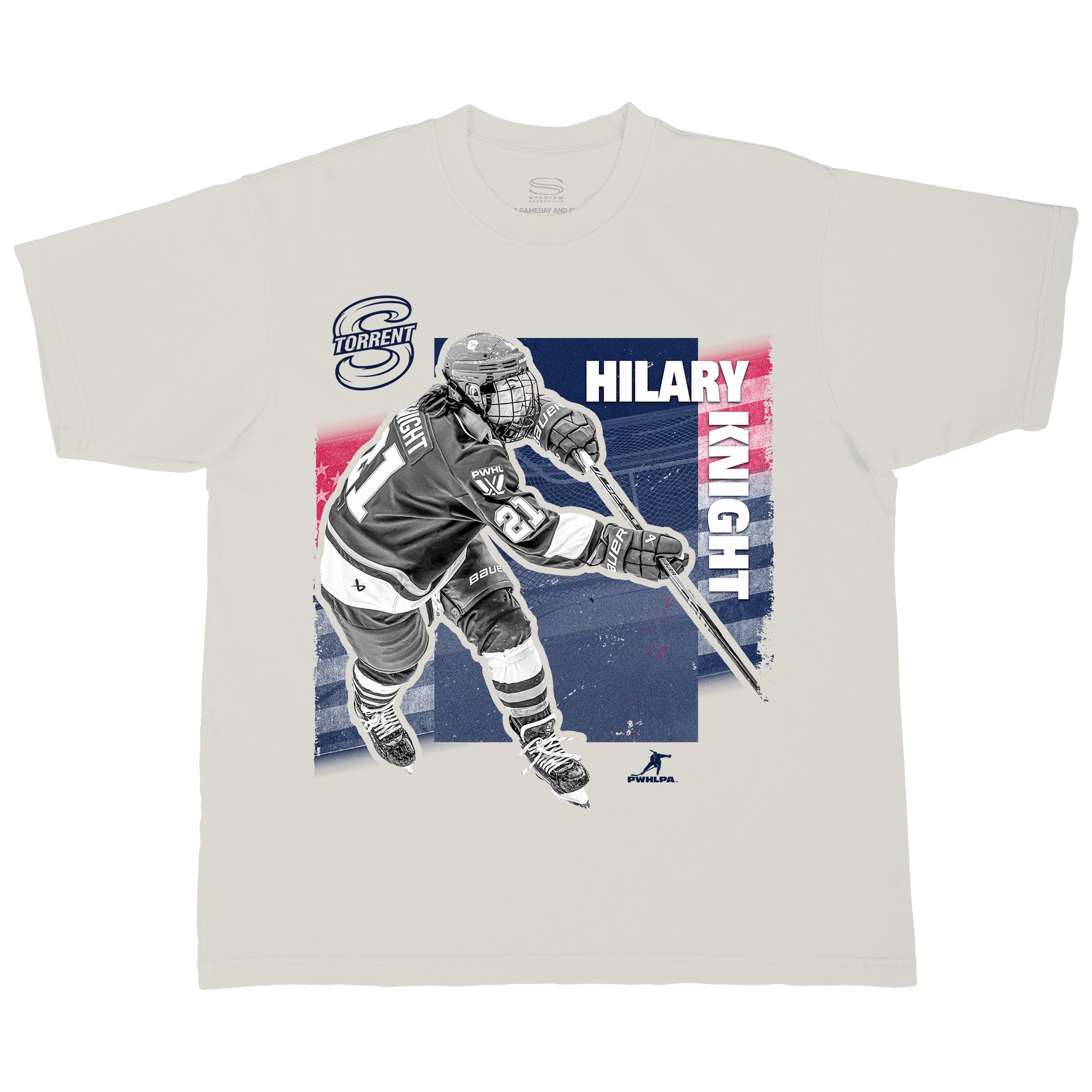 T-shirt with hockey player design and text on a white background
