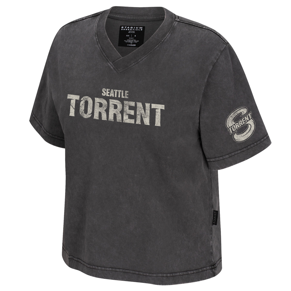 The front of a dark gray was short sleeve V-neck shirt. 'SEATTLE TORRENT' is in white across the front. The Seattle Torrent logo is in white in the left sleeve. 