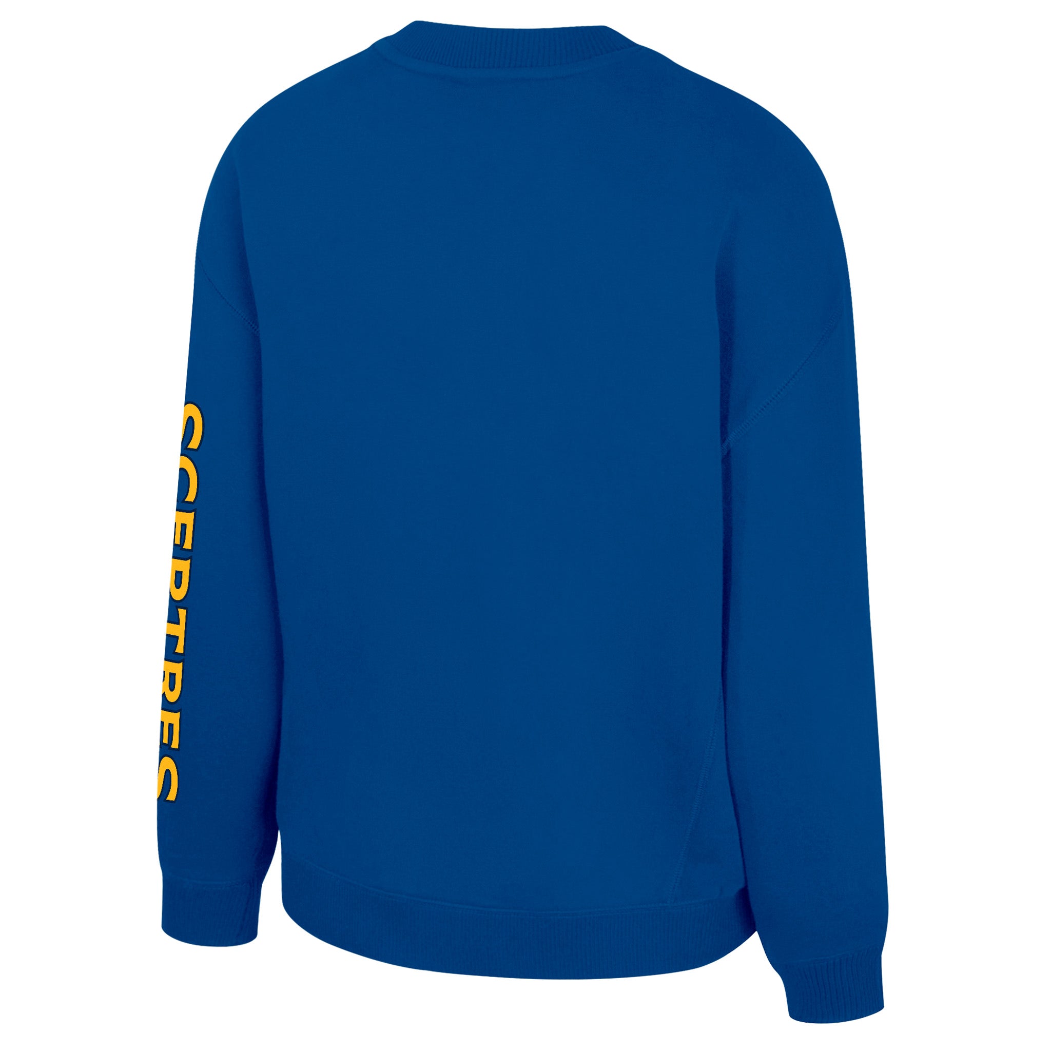 Blue sweatshirt with yellow text on sleeve against a white background
