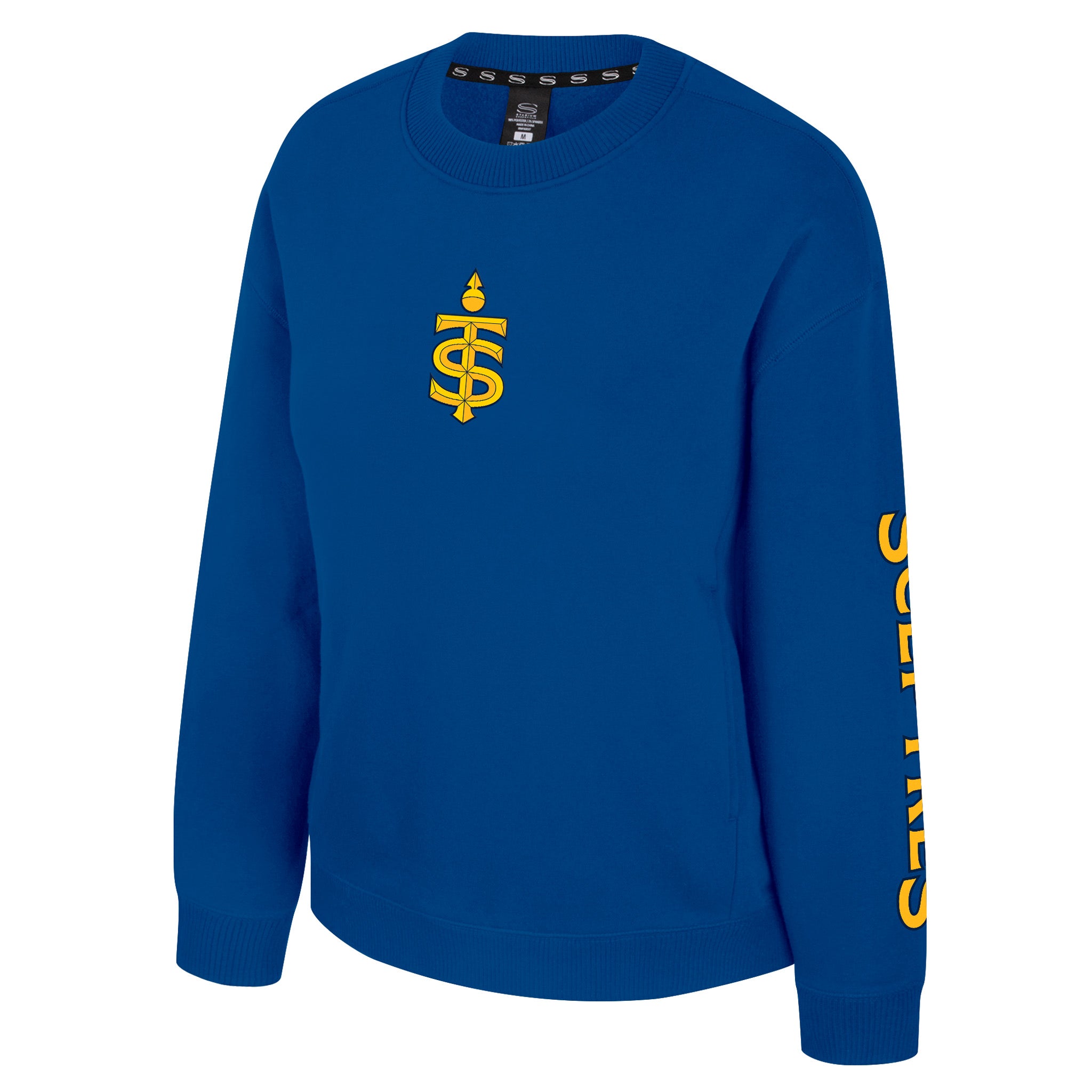 Blue sweatshirt with yellow logo and text on a white background