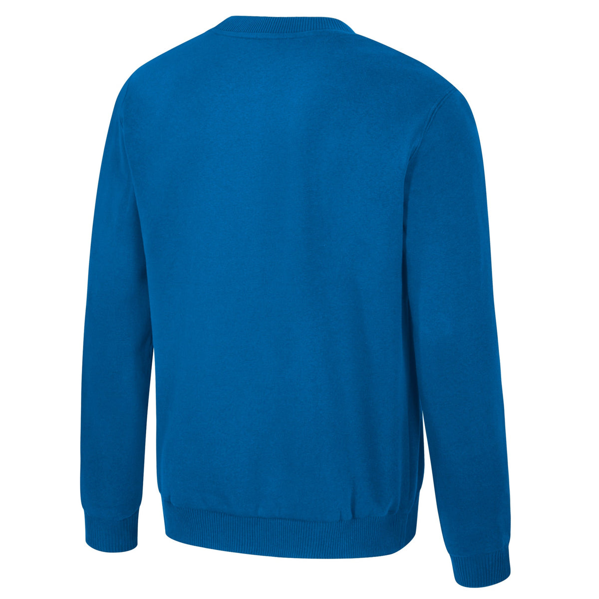 The back of a blue crew neck Toronto Sceptres crew neck sweatshirt. The collar, cuffs, and bottom have ribbed detailing.