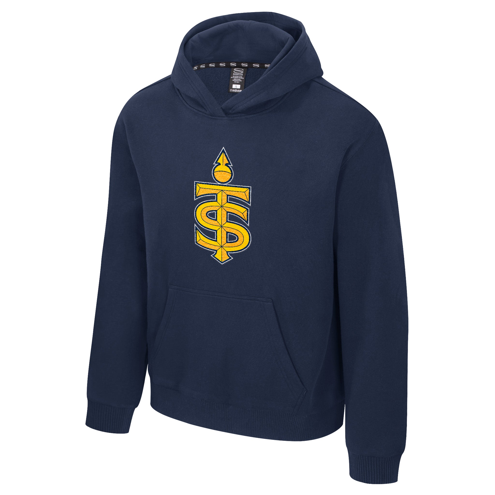 Navy blue hoodie with a yellow logo on a white background