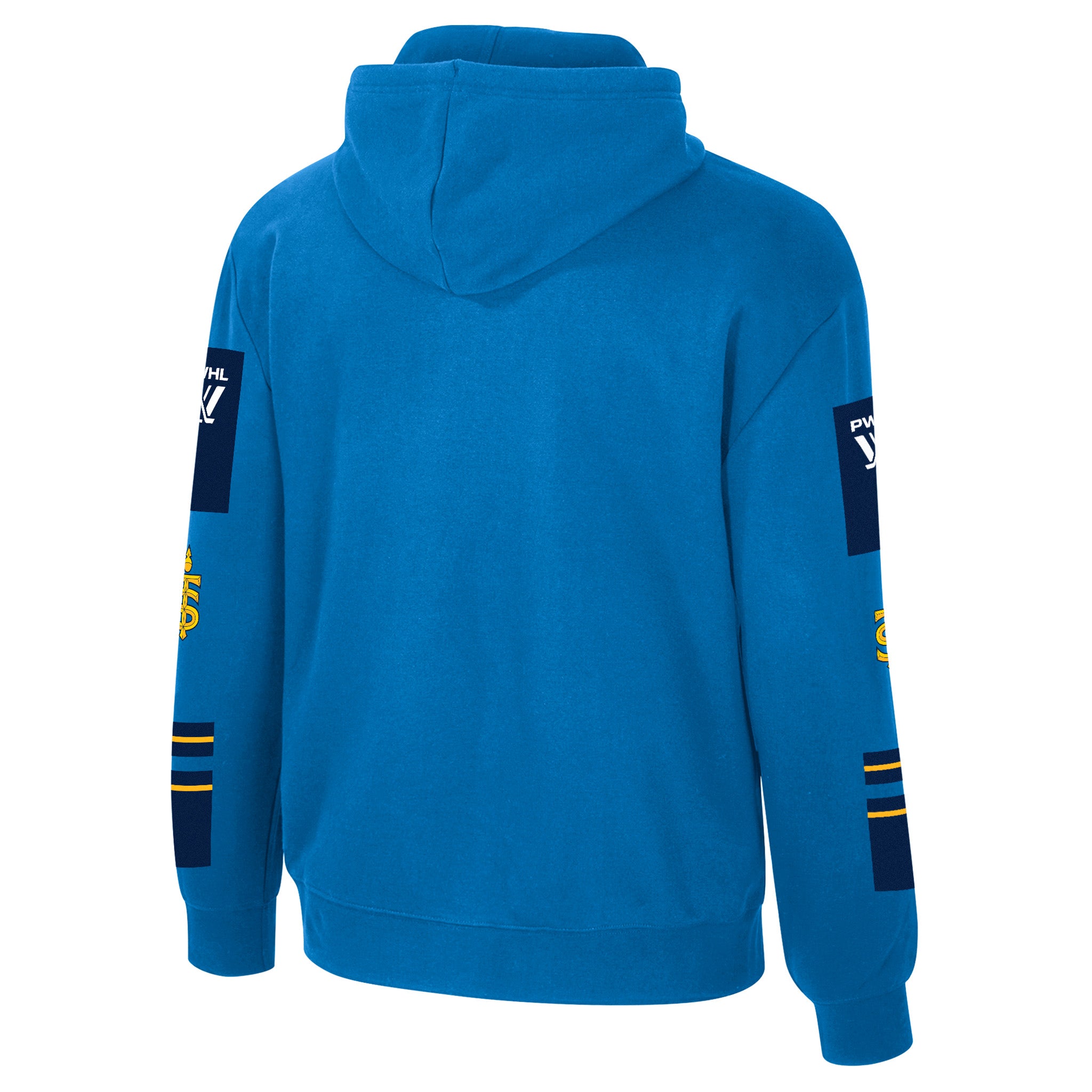 Blue hoodie with branding on sleeves against a white background
