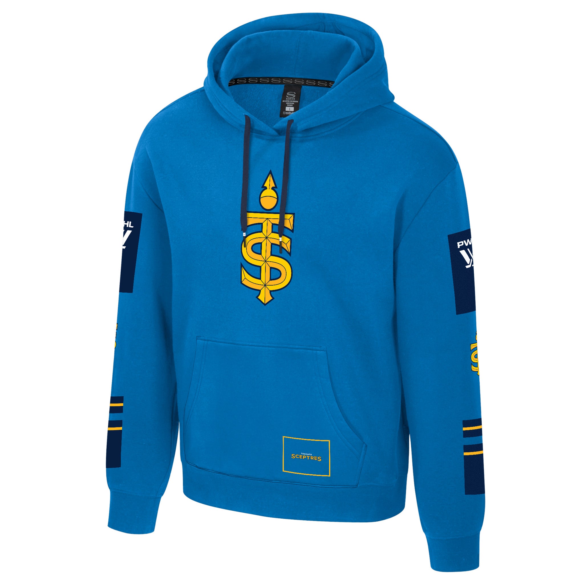 Blue hoodie with yellow logo on a white background