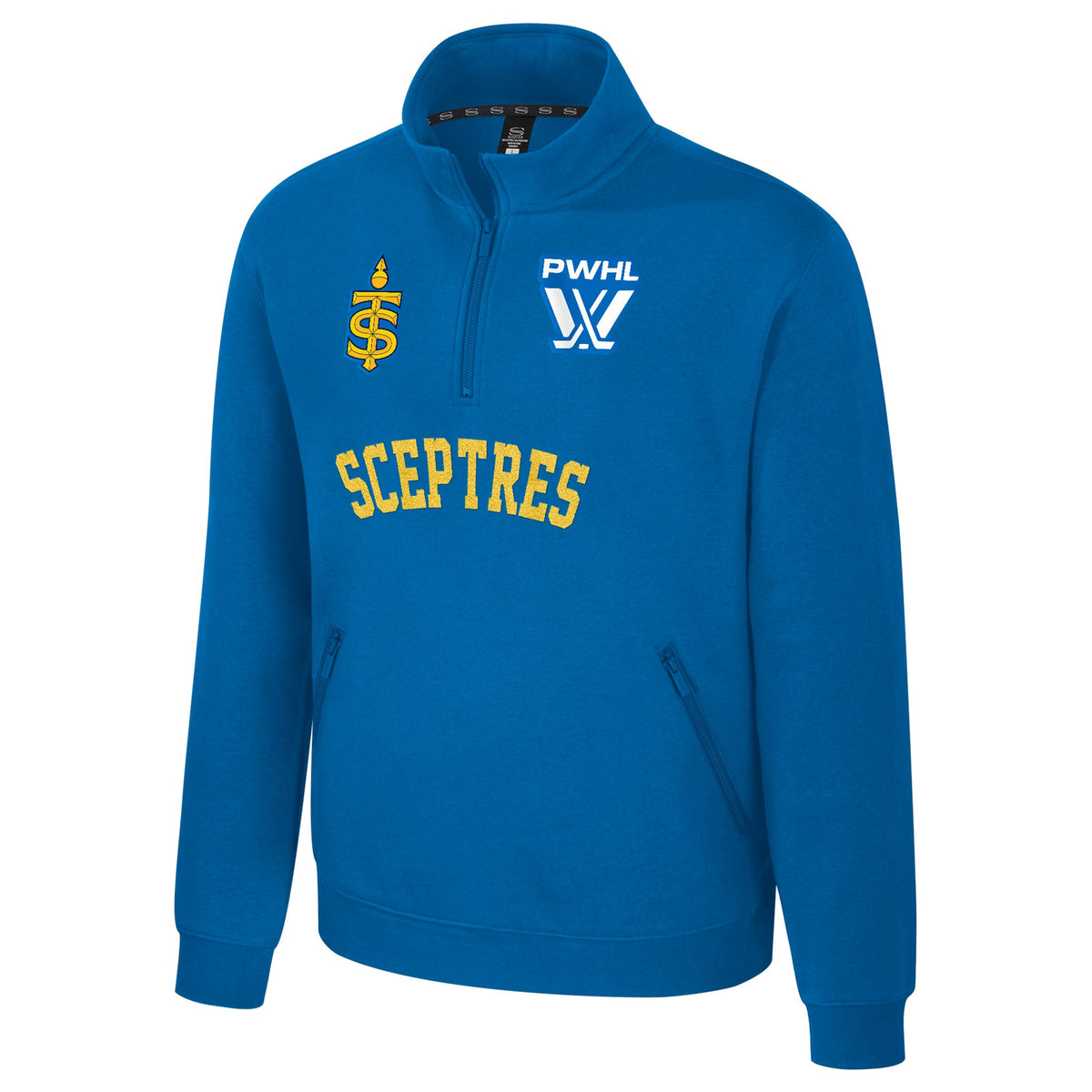 The front of a blue fleece quarter zip with an embroidered white PWHL logo on the left chest and a Toronto Sceptres logo on the right chest. Below the zipper is a yellow embroidered 'SCEPTRES'.